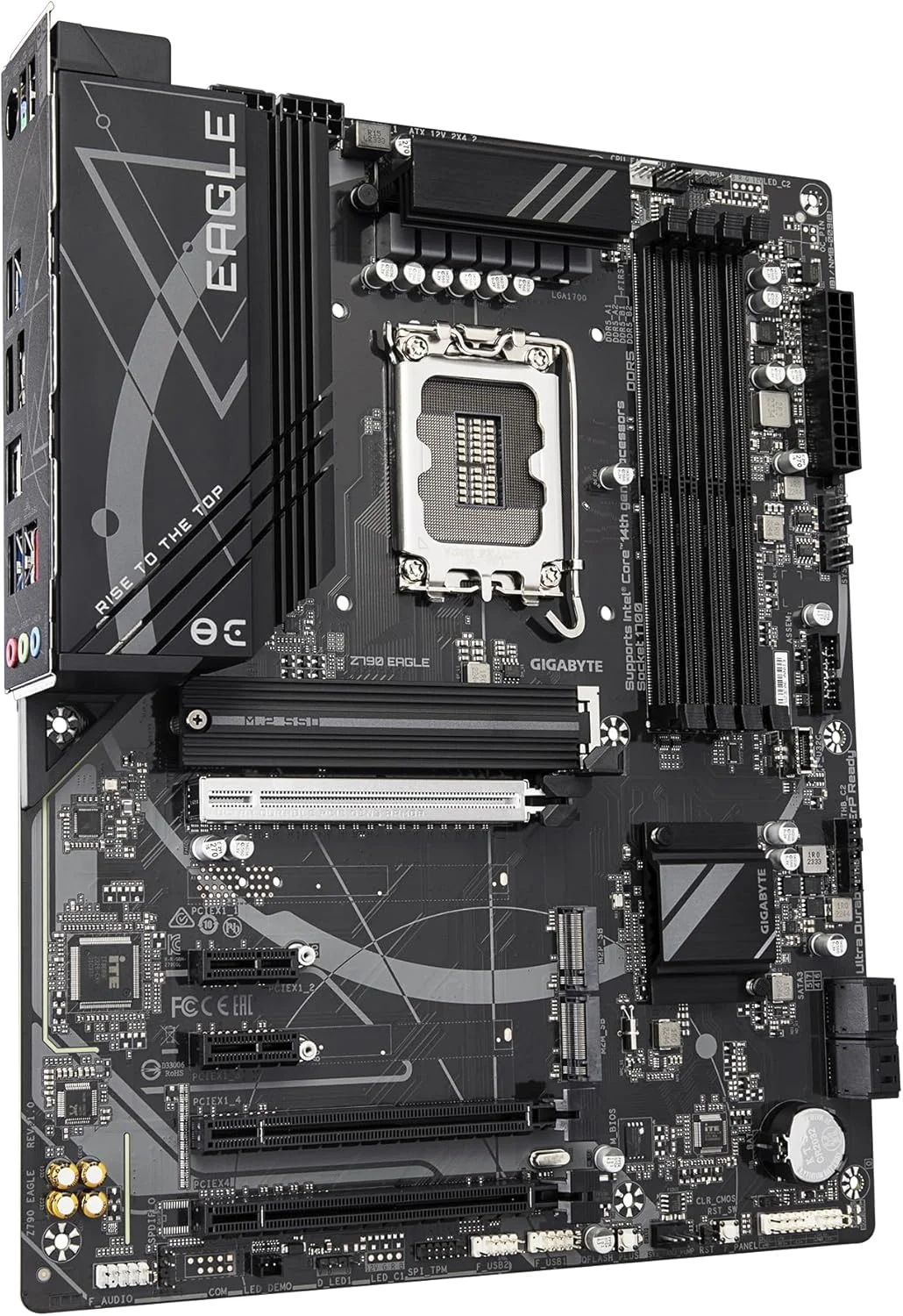 مادربرد GIGABYTE Z790 EAGLE - پشتیبانی از پردازنده های نسل 14 اینتل Core، دارای VRM با 12+1+1 فاز، پشتیبانی از DDR5 تا 7600 مگاهرتز (OC)، دارای 3xPCIe 4.0 M.2، شبکه 2.5GbE LAN، USB 3.2 Gen 2
