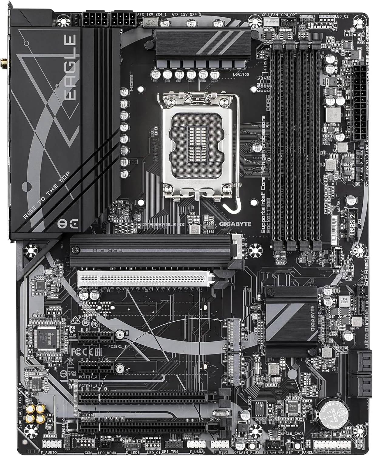 مادربرد گیگابایت Z790 EAGLE AX - پشتیبانی از پردازنده های نسل 14 اینتل Core، طراحی VRM دیجیتال 1+12 فاز، پشتیبانی از رم DDR5 تا 7600 مگاهرتز (OC)، دارای 3 اسلات PCIe 4.0 M.2، Wi-Fi 6E، شبکه 2.5GbE LAN، USB 3.2 Gen 2