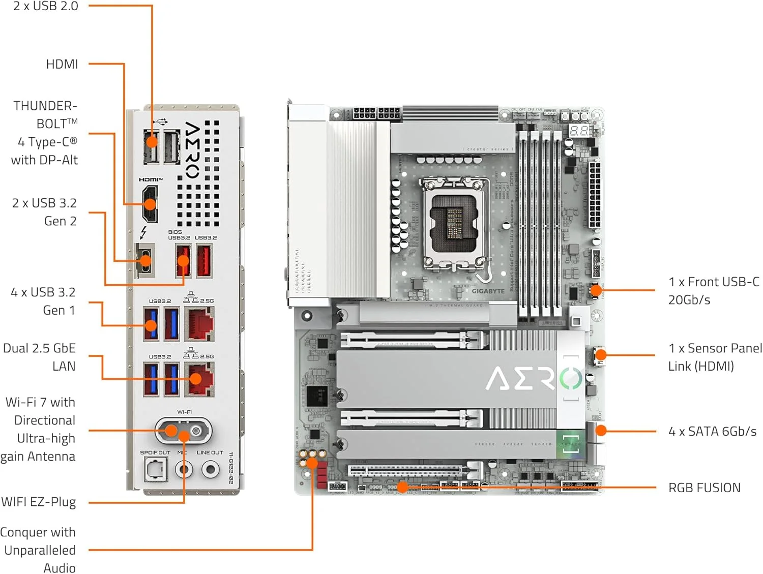 مادربرد GIGABYTE Z890 AERO G Intel Core Ultra (سری 2) LGA 1851، ATX، DDR5، 5xM.2، PCIe 5.0، Thunderbolt 4، WIFI7، Dual 2.5Gbe LAN، EZ-Latch