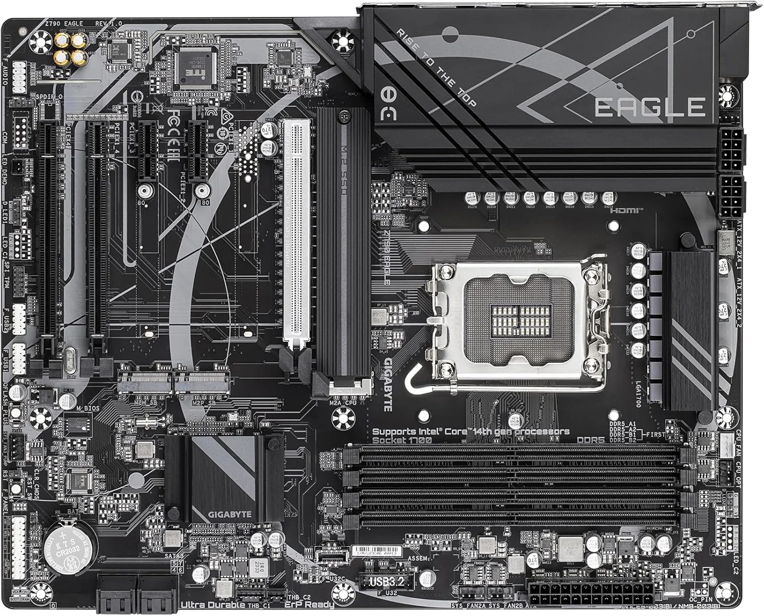 مادربرد GIGABYTE Z790 EAGLE - پشتیبانی از پردازنده های نسل 14 اینتل Core، دارای VRM با 12+1+1 فاز، پشتیبانی از DDR5 تا 7600 مگاهرتز (OC)، دارای 3xPCIe 4.0 M.2، شبکه 2.5GbE LAN، USB 3.2 Gen 2