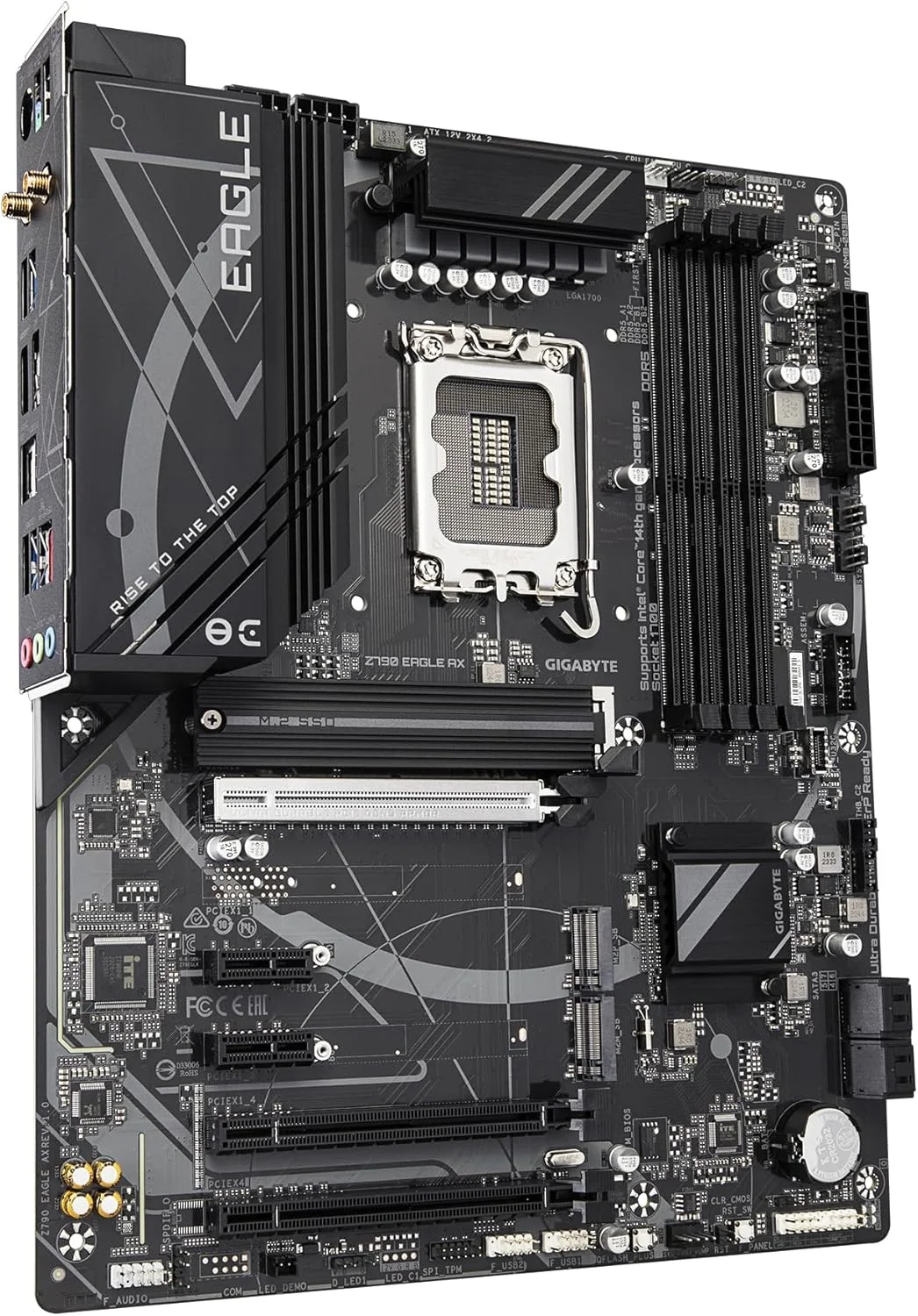 مادربرد گیگابایت Z790 EAGLE AX - پشتیبانی از پردازنده های نسل 14 اینتل Core، طراحی VRM دیجیتال 1+12 فاز، پشتیبانی از رم DDR5 تا 7600 مگاهرتز (OC)، دارای 3 اسلات PCIe 4.0 M.2، Wi-Fi 6E، شبکه 2.5GbE LAN، USB 3.2 Gen 2