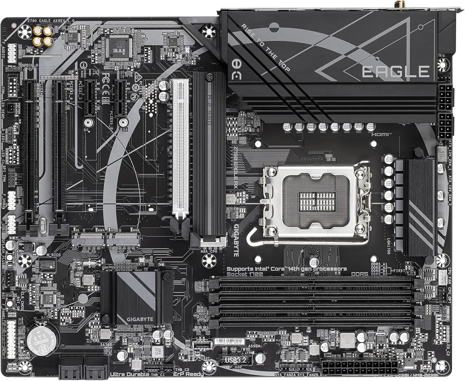 مادربرد گیگابایت Z790 EAGLE AX - پشتیبانی از پردازنده های نسل 14 اینتل Core، طراحی VRM دیجیتال 1+12 فاز، پشتیبانی از رم DDR5 تا 7600 مگاهرتز (OC)، دارای 3 اسلات PCIe 4.0 M.2، Wi-Fi 6E، شبکه 2.5GbE LAN، USB 3.2 Gen 2
