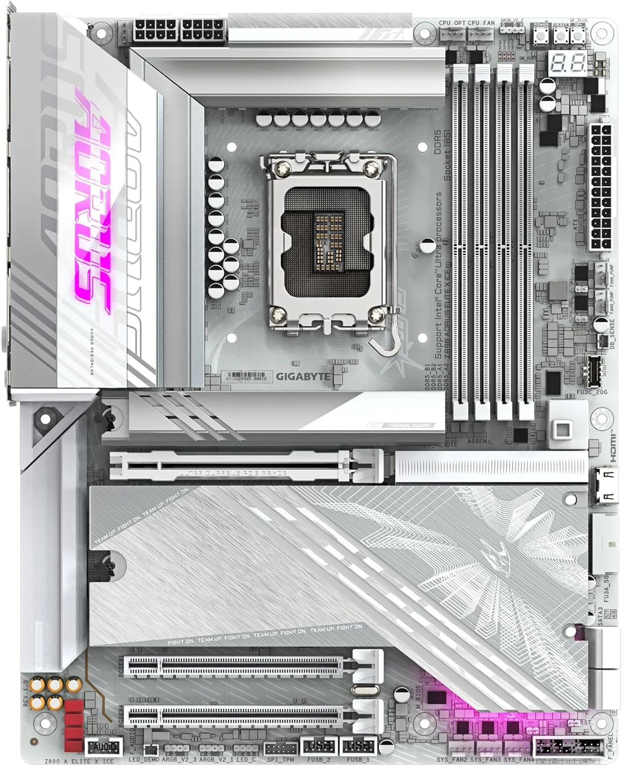 مادربرد GIGABYTE Z890 AORUS ELITE X ICE - پشتیبانی از پردازنده های Intel Core Ultra (سری 2)، VRM با 16+1+2 فاز، DDR5 تا 9500 مگاهرتز (OC)، 1xPCIe 5.0 + 4xPCIe 4.0، Wi-Fi 7، LAN 2.5GbE، Thunderbolt 4