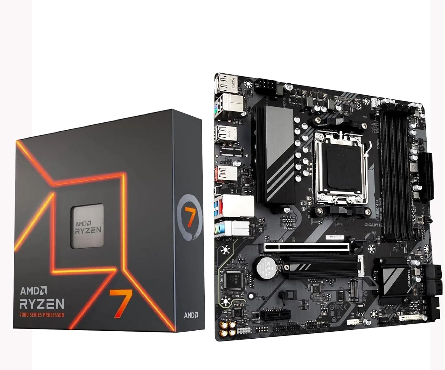 کامبو پردازنده دسکتاپ آنلاک شده اینلند میکرو سنتر AMD Ryzen 7 7700X هشت هسته ای شانزده رشته ای AM5 5.4 گیگاهرتز با مادربرد GIGABYTE B650M K AM5 DDR5 Micro ATX