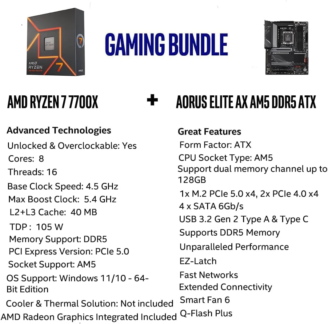 باندل پردازنده دسکتاپ آنلاک شده INLAND AMD Ryzen 7 7700X با 8 هسته و 16 رشته AM5 5.4 گیگاهرتز به همراه مادربرد گیمینگ GIGABYTE B650 AORUS Elite AX AM5 DDR5 ATX
