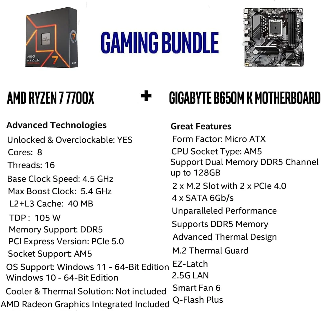 کامبو پردازنده دسکتاپ آنلاک شده اینلند میکرو سنتر AMD Ryzen 7 7700X هشت هسته ای شانزده رشته ای AM5 5.4 گیگاهرتز با مادربرد GIGABYTE B650M K AM5 DDR5 Micro ATX