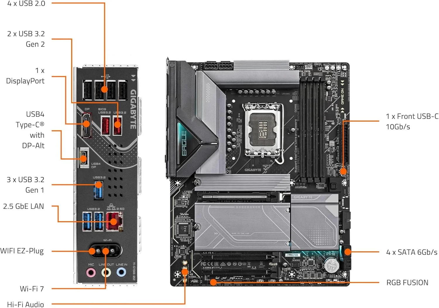 مادربرد GIGABYTE Z890 Eagle WIFI7 اینتل Core Ultra (سری 2) LGA 1851، ATX، DDR5، 4X M.2، PCIe 5.0، USB4، WIFI7، LAN 2.5GbE، EZ-Latch
