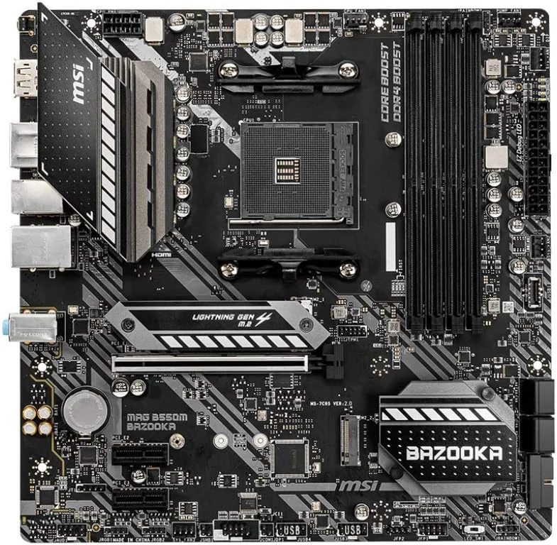 مادربرد ام اس آی MAG B550M BAZOOKA mATX - پشتیبانی از پردازنده های نسل سوم AMD Ryzen، سوکت AM4، DDR4 Boost (4400MHz/OC)، 1 x PCIe 4.0 x16، 2 x M.2، HDMI، Gigabit LAN