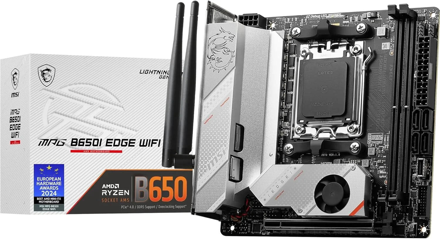 مادربرد MSI MPG B650I EDGE WIFI، Mini-ITX - پشتیبانی از پردازنده های AMD Ryzen سری 7000، AM5 - توان CPU مستقیم 8 فاز 80A VRM، DDR5 6600+MHz/OC، 1 عدد PCIe 4.0 x16، 2 عدد M.2 Gen4، Wi-Fi 6E