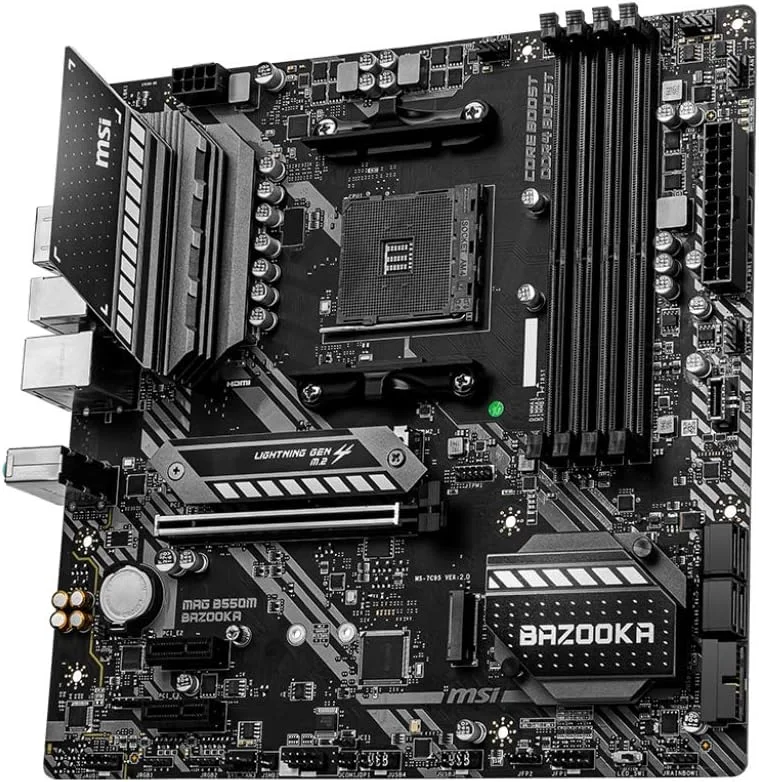 مادربرد ام اس آی MAG B550M BAZOOKA mATX - پشتیبانی از پردازنده های نسل سوم AMD Ryzen، سوکت AM4، DDR4 Boost (4400MHz/OC)، 1 x PCIe 4.0 x16، 2 x M.2، HDMI، Gigabit LAN