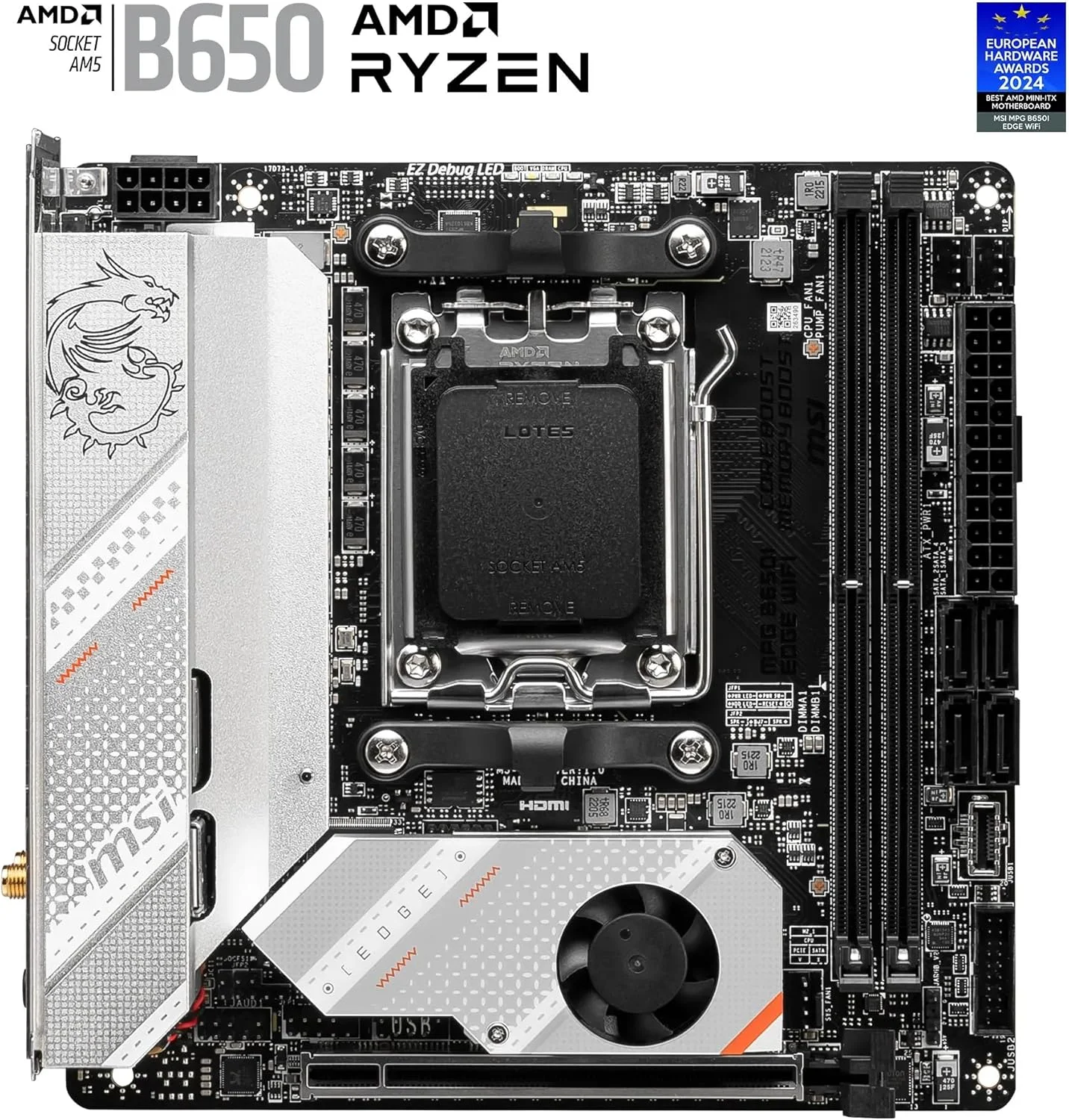 مادربرد MSI MPG B650I EDGE WIFI، Mini-ITX - پشتیبانی از پردازنده های AMD Ryzen سری 7000، AM5 - توان CPU مستقیم 8 فاز 80A VRM، DDR5 6600+MHz/OC، 1 عدد PCIe 4.0 x16، 2 عدد M.2 Gen4، Wi-Fi 6E