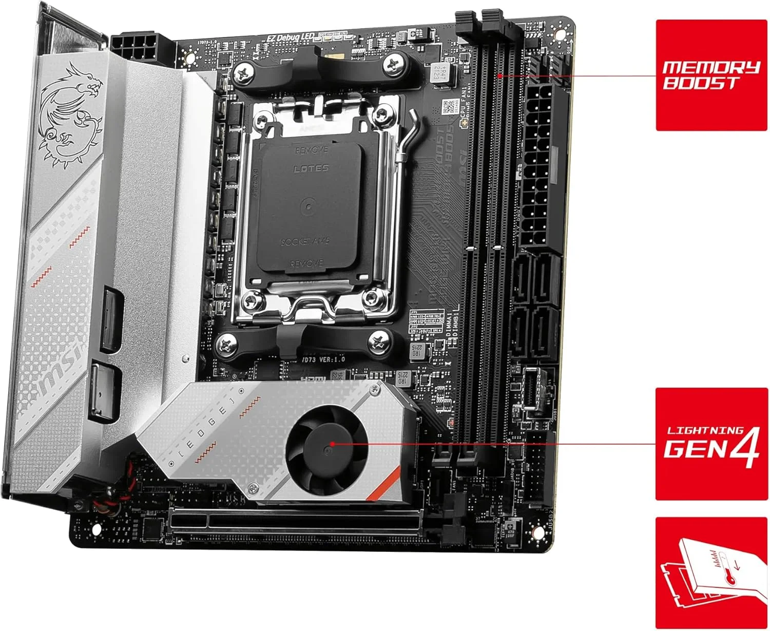 مادربرد MSI MPG B650I EDGE WIFI، Mini-ITX - پشتیبانی از پردازنده های AMD Ryzen سری 7000، AM5 - توان CPU مستقیم 8 فاز 80A VRM، DDR5 6600+MHz/OC، 1 عدد PCIe 4.0 x16، 2 عدد M.2 Gen4، Wi-Fi 6E