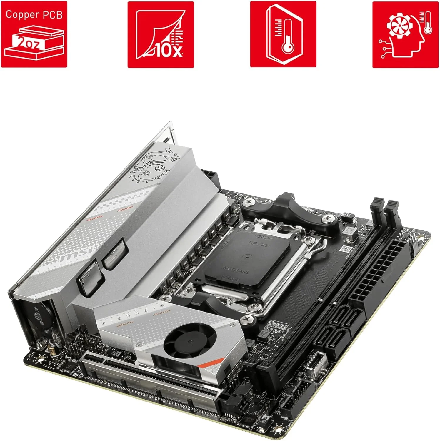 مادربرد MSI MPG B650I EDGE WIFI، Mini-ITX - پشتیبانی از پردازنده های AMD Ryzen سری 7000، AM5 - توان CPU مستقیم 8 فاز 80A VRM، DDR5 6600+MHz/OC، 1 عدد PCIe 4.0 x16، 2 عدد M.2 Gen4، Wi-Fi 6E