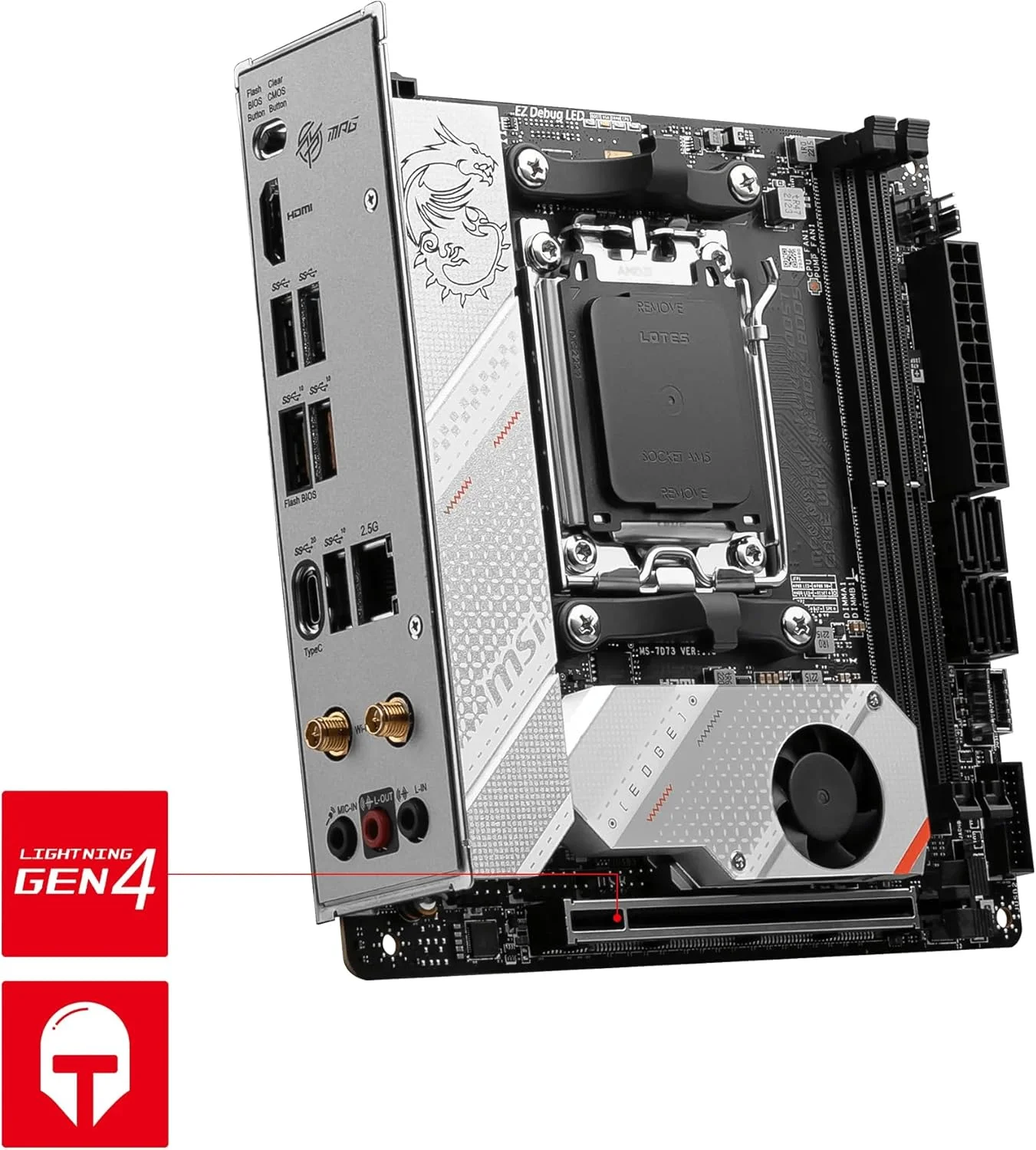 مادربرد MSI MPG B650I EDGE WIFI، Mini-ITX - پشتیبانی از پردازنده های AMD Ryzen سری 7000، AM5 - توان CPU مستقیم 8 فاز 80A VRM، DDR5 6600+MHz/OC، 1 عدد PCIe 4.0 x16، 2 عدد M.2 Gen4، Wi-Fi 6E