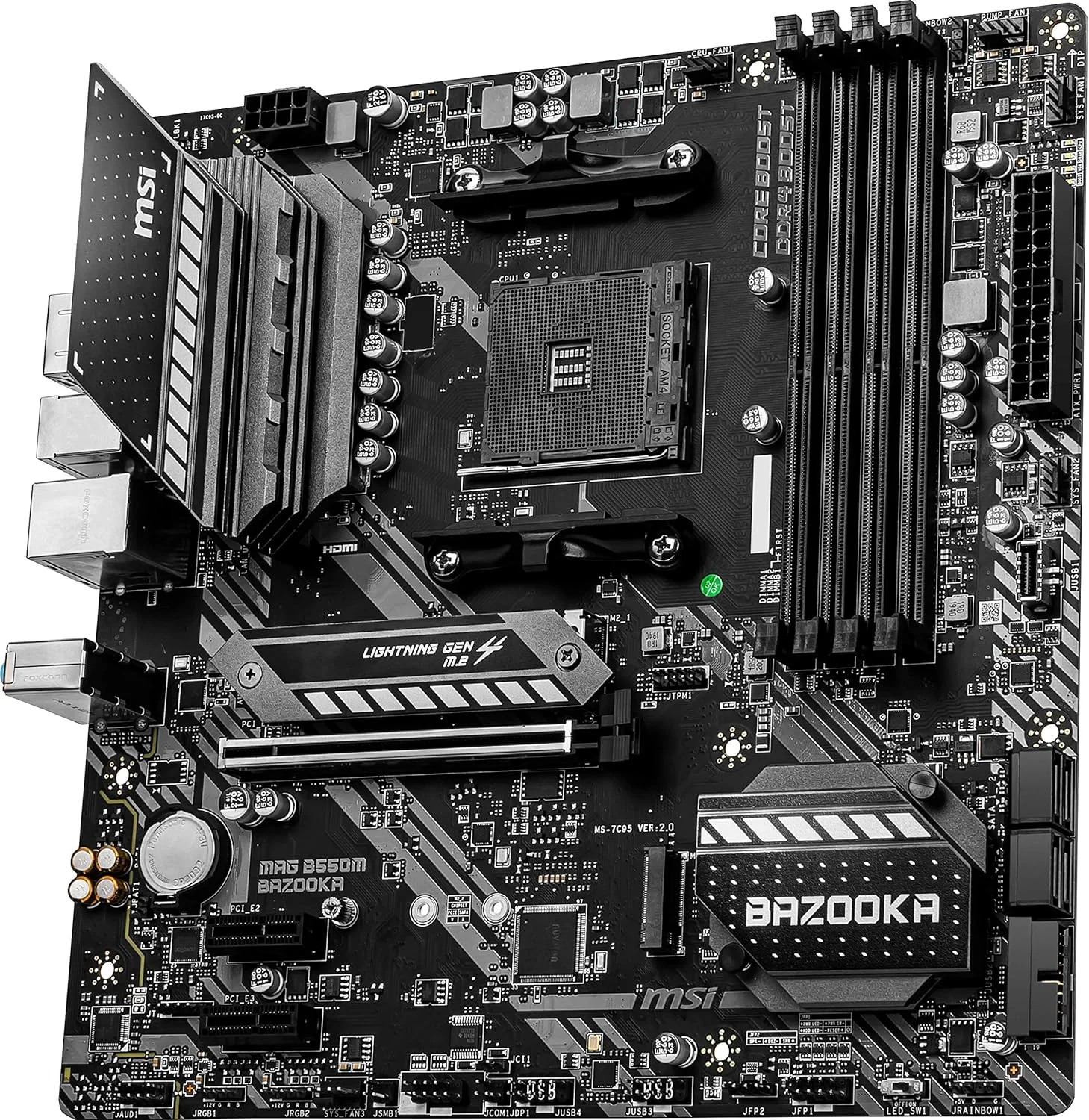 مادربرد ام اس آی MAG B550M BAZOOKA mATX - پشتیبانی از پردازنده های نسل سوم AMD Ryzen، سوکت AM4، DDR4 Boost (4400MHz/OC)، 1 x PCIe 4.0 x16، 2 x M.2، HDMI، Gigabit LAN