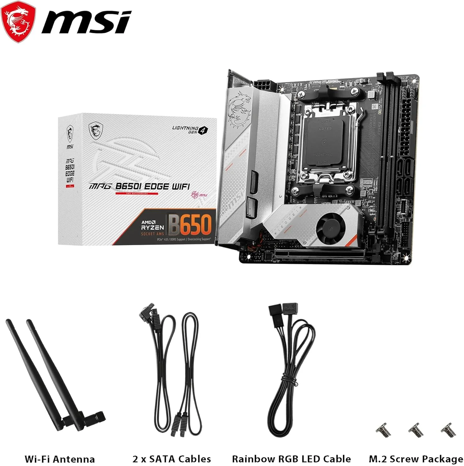مادربرد MSI MPG B650I EDGE WIFI، Mini-ITX - پشتیبانی از پردازنده های AMD Ryzen سری 7000، AM5 - توان CPU مستقیم 8 فاز 80A VRM، DDR5 6600+MHz/OC، 1 عدد PCIe 4.0 x16، 2 عدد M.2 Gen4، Wi-Fi 6E