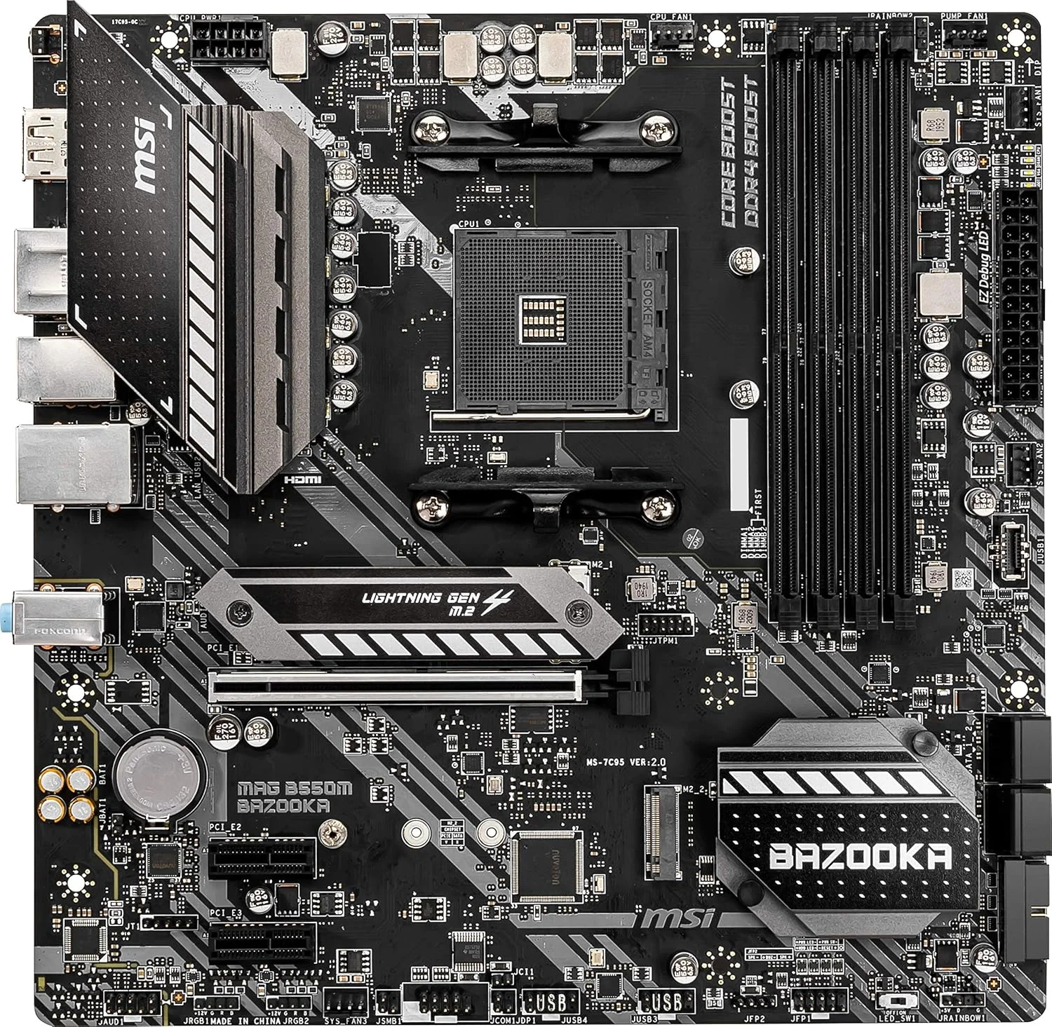 مادربرد ام اس آی MAG B550M BAZOOKA mATX - پشتیبانی از پردازنده های نسل سوم AMD Ryzen، سوکت AM4، DDR4 Boost (4400MHz/OC)، 1 x PCIe 4.0 x16، 2 x M.2، HDMI، Gigabit LAN
