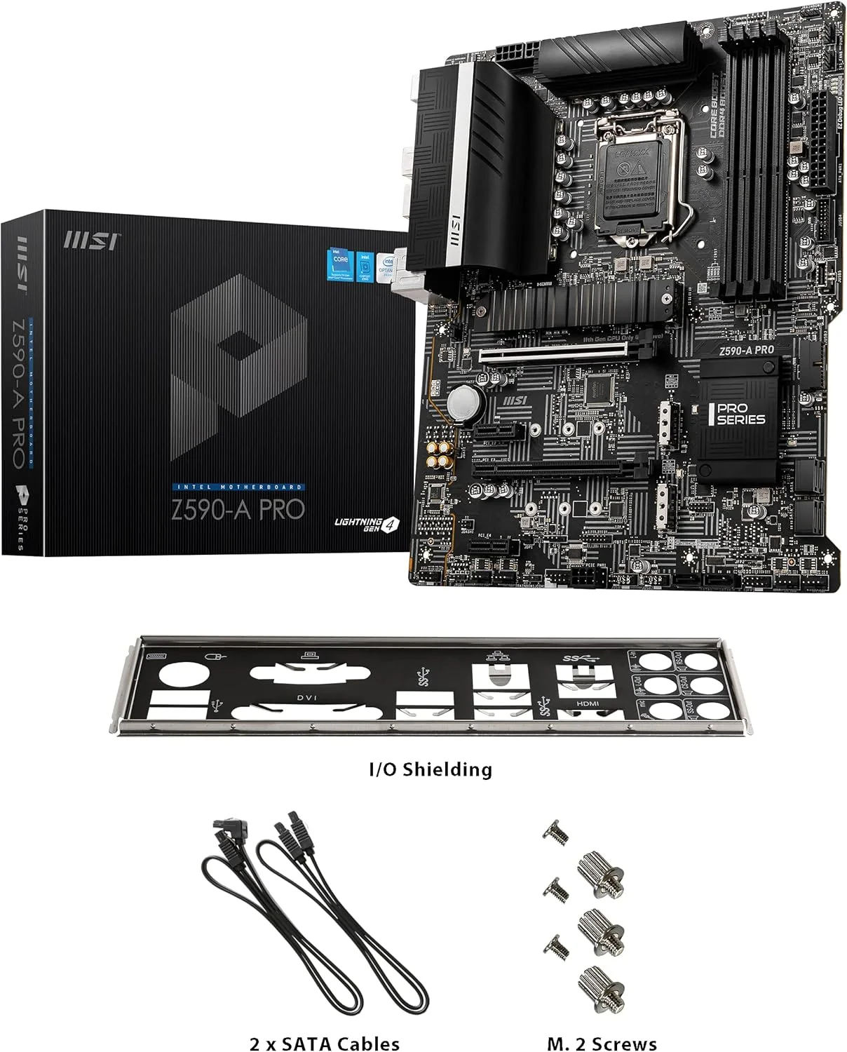مادربرد MSI Z590-A PRO ProSeries - ATX، نسل 11/10 اینتل Core، سوکت LGA 1200، DDR4، PCIe 4، اسلات های M.2، USB 3.2 Gen 2، LAN 2.5G، DP/HDMI