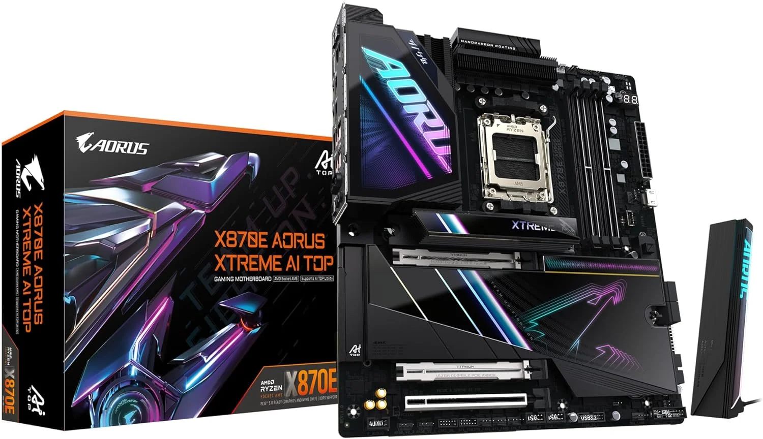 مادربرد GIGABYTE X870E AORUS XTREME AI TOP - پشتیبانی از پردازنده های AMD Ryzen سری 9000، دارای VRM با 18+2+2 فاز، پشتیبانی از DDR5 تا 8800 مگاهرتز (OC)، دارای 1xPCIe 5.0 M.2 + 3xPCIe 4.0 M.2، WI-FI 7، LAN 10GbE، USB 4