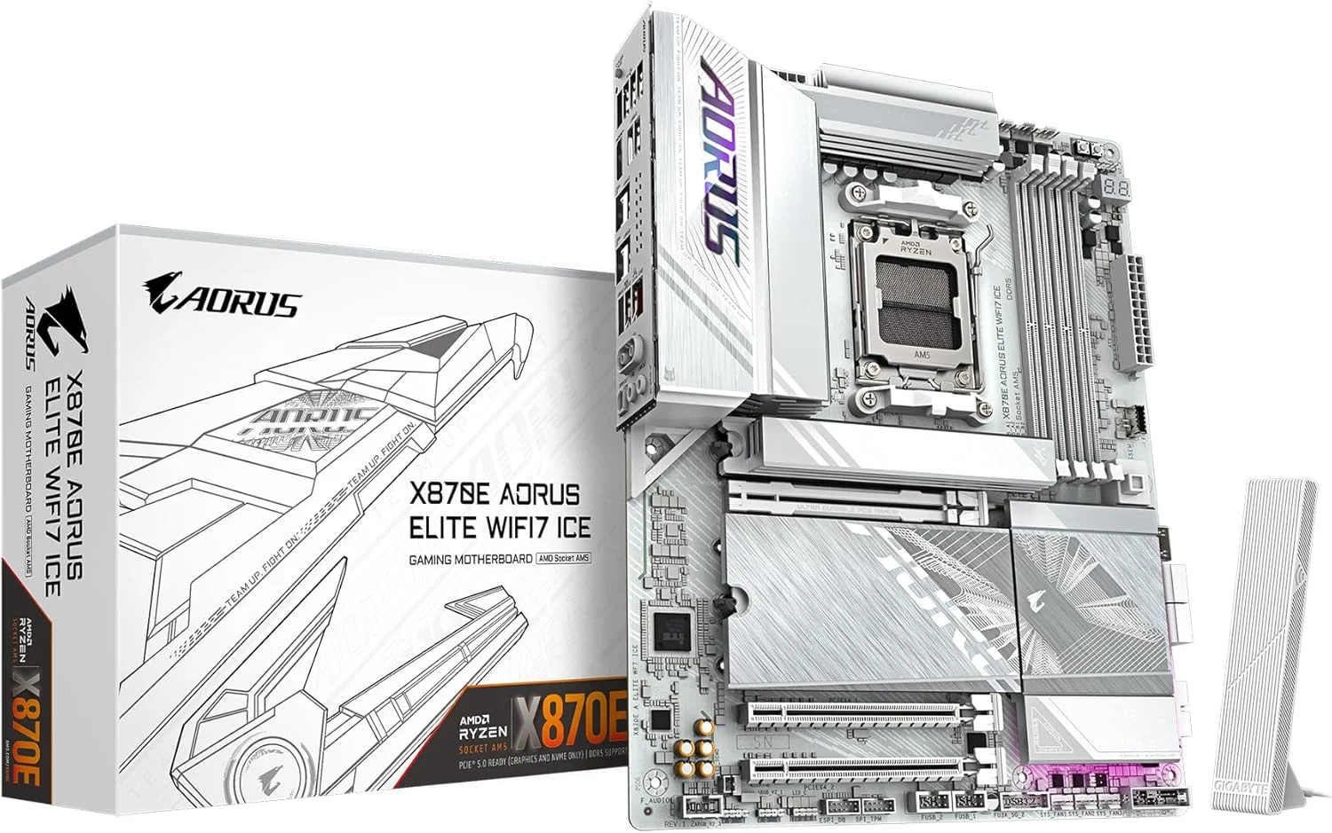 مادربرد GIGABYTE X870E AORUS Elite WIFI7 ICE AMD AM5 LGA 1718، ATX، DDR5، 4X M.2، PCIe 5.0، USB4، WIFI7، LAN 2.5GbE، EZ-Latch، 5 سال گارانتی