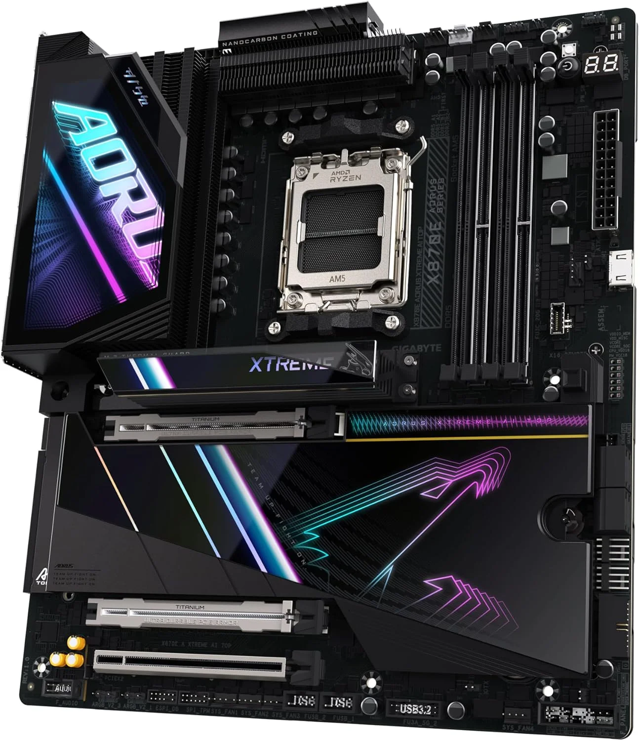 مادربرد GIGABYTE X870E AORUS XTREME AI TOP - پشتیبانی از پردازنده های AMD Ryzen سری 9000، دارای VRM با 18+2+2 فاز، پشتیبانی از DDR5 تا 8800 مگاهرتز (OC)، دارای 1xPCIe 5.0 M.2 + 3xPCIe 4.0 M.2، WI-FI 7، LAN 10GbE، USB 4