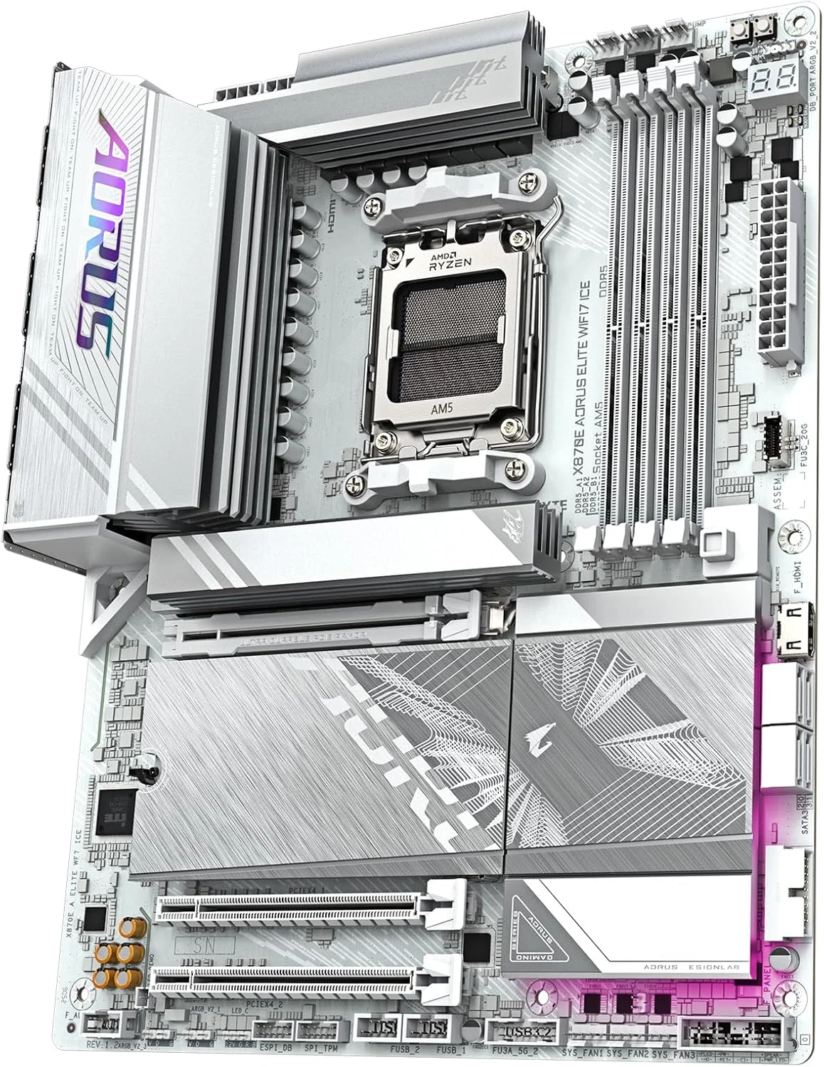 مادربرد GIGABYTE X870E AORUS Elite WIFI7 ICE AMD AM5 LGA 1718، ATX، DDR5، 4X M.2، PCIe 5.0، USB4، WIFI7، LAN 2.5GbE، EZ-Latch، 5 سال گارانتی