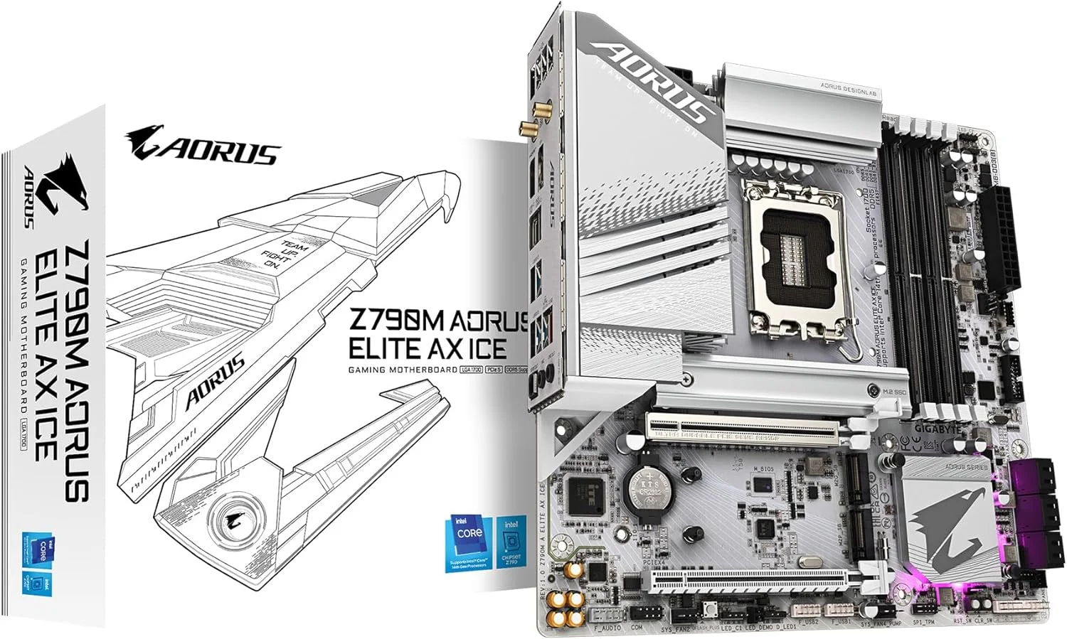 مادربرد GIGABYTE Z790M AORUS ELITE AX ICE LGA 1700 Intel Z790 M-ATX با DDR5، سه M.2، PCIe 5.0، USB 3.2 Gen2X2 Type-C، Intel Wi-Fi 6E، LAN 2.5GbE، Q-Flash Plus، EZ-Latch Plus