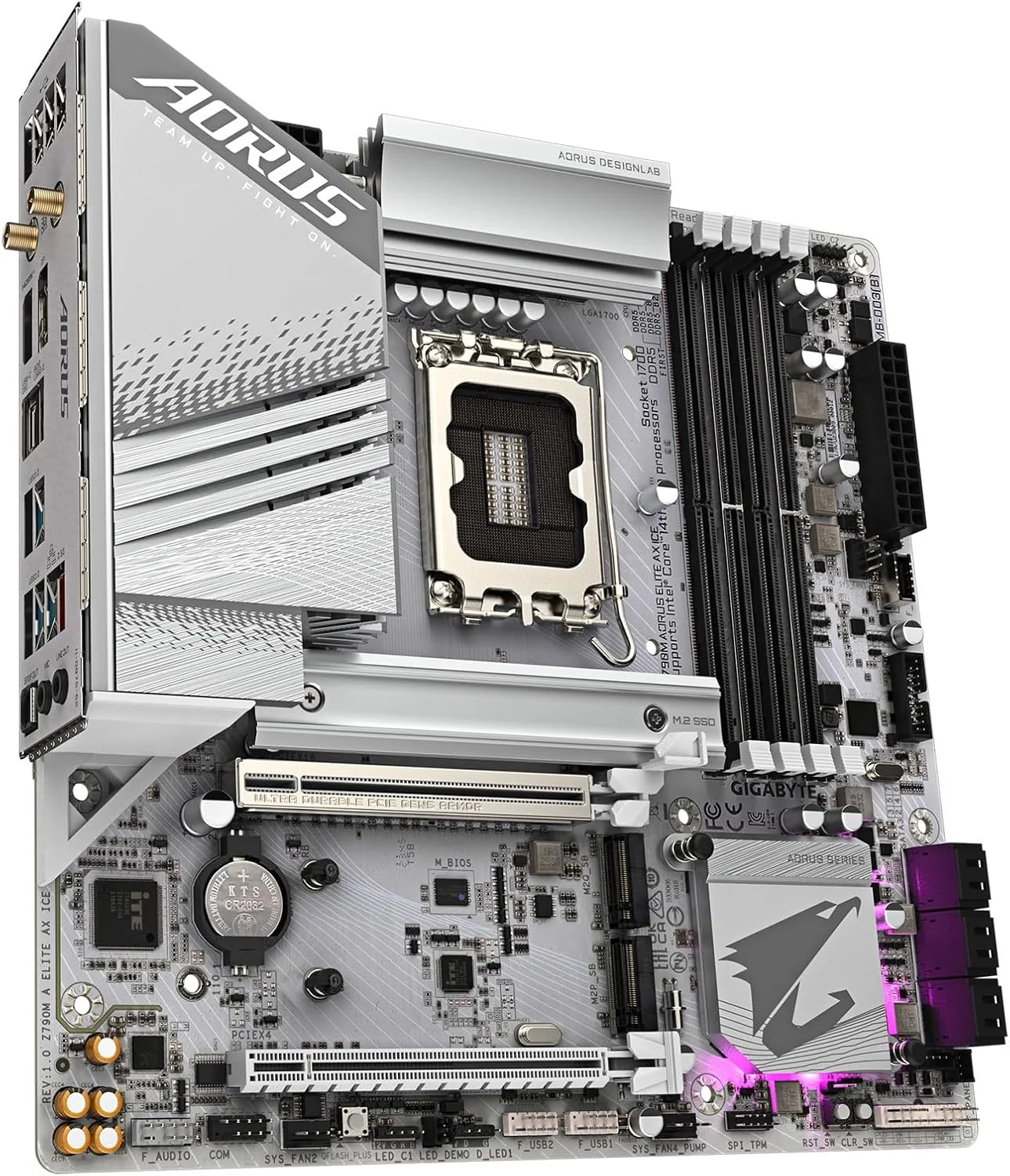 مادربرد GIGABYTE Z790M AORUS ELITE AX ICE LGA 1700 Intel Z790 M-ATX با DDR5، سه M.2، PCIe 5.0، USB 3.2 Gen2X2 Type-C، Intel Wi-Fi 6E، LAN 2.5GbE، Q-Flash Plus، EZ-Latch Plus