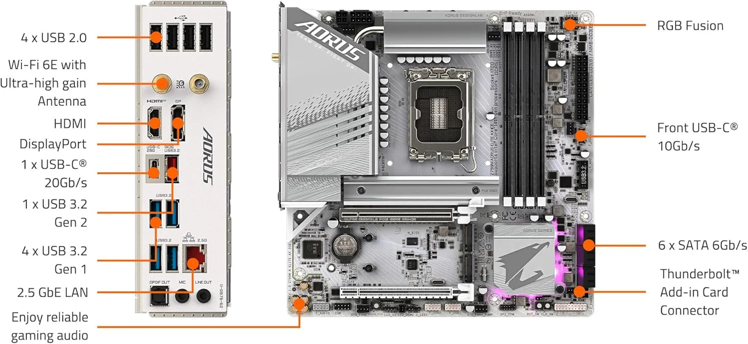 مادربرد GIGABYTE Z790M AORUS ELITE AX ICE LGA 1700 Intel Z790 M-ATX با DDR5، سه M.2، PCIe 5.0، USB 3.2 Gen2X2 Type-C، Intel Wi-Fi 6E، LAN 2.5GbE، Q-Flash Plus، EZ-Latch Plus
