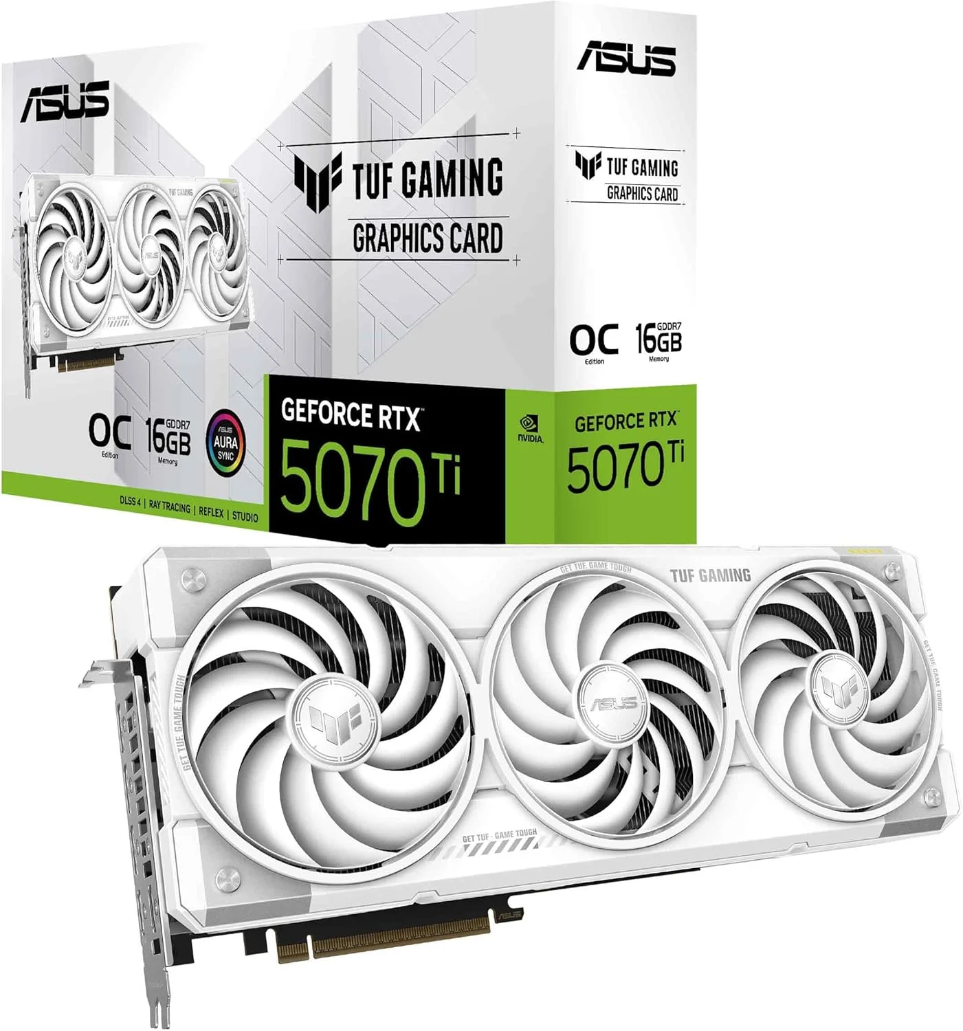 کارت گرافیک گیمینگ ایسوس TUF Gaming GeForce RTX ™ 5070 Ti 16GB GDDR7 White OC Edition (PCIe® 5.0, HDMI®/DP 2.1, 3.125-slot، قطعات نظامی، پوشش محافظ PCB، فن های Axial-tech)