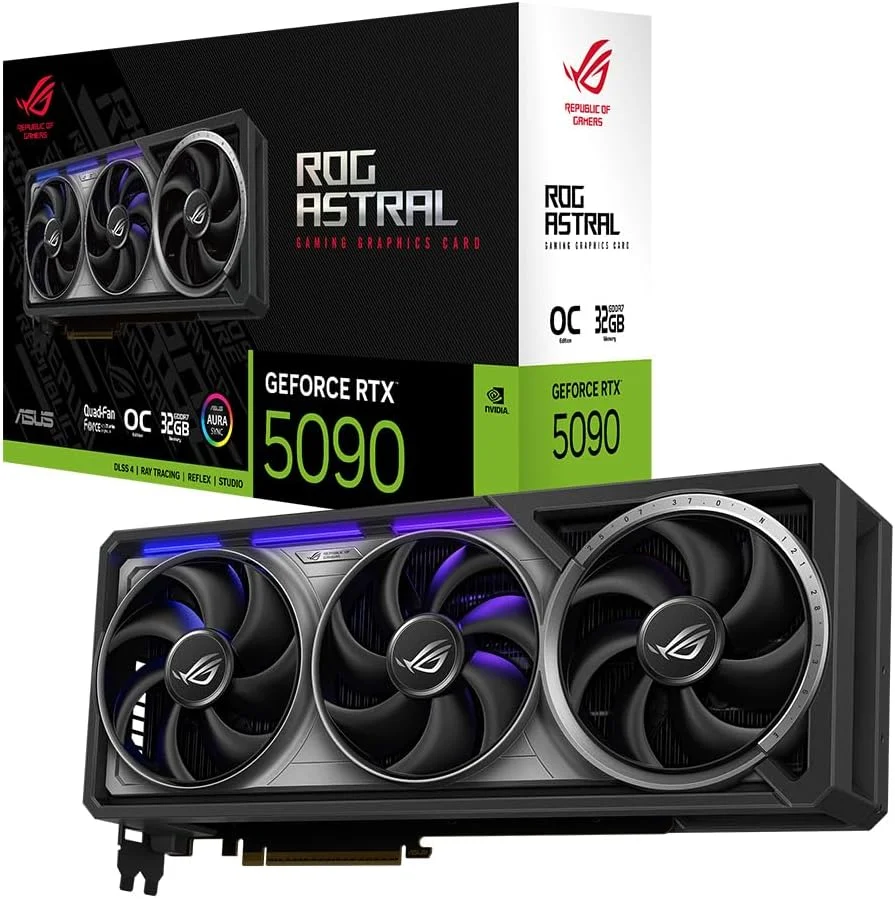 کارت گرافیک ایسوس ROG مدل ASTRAL RTX5090 با 32 گیگابایت حافظه GDDR7، 512 بیت، اورکلاک، 2 پورت HDMI، 3 پورت DP، نورپردازی RGB و DLSS4