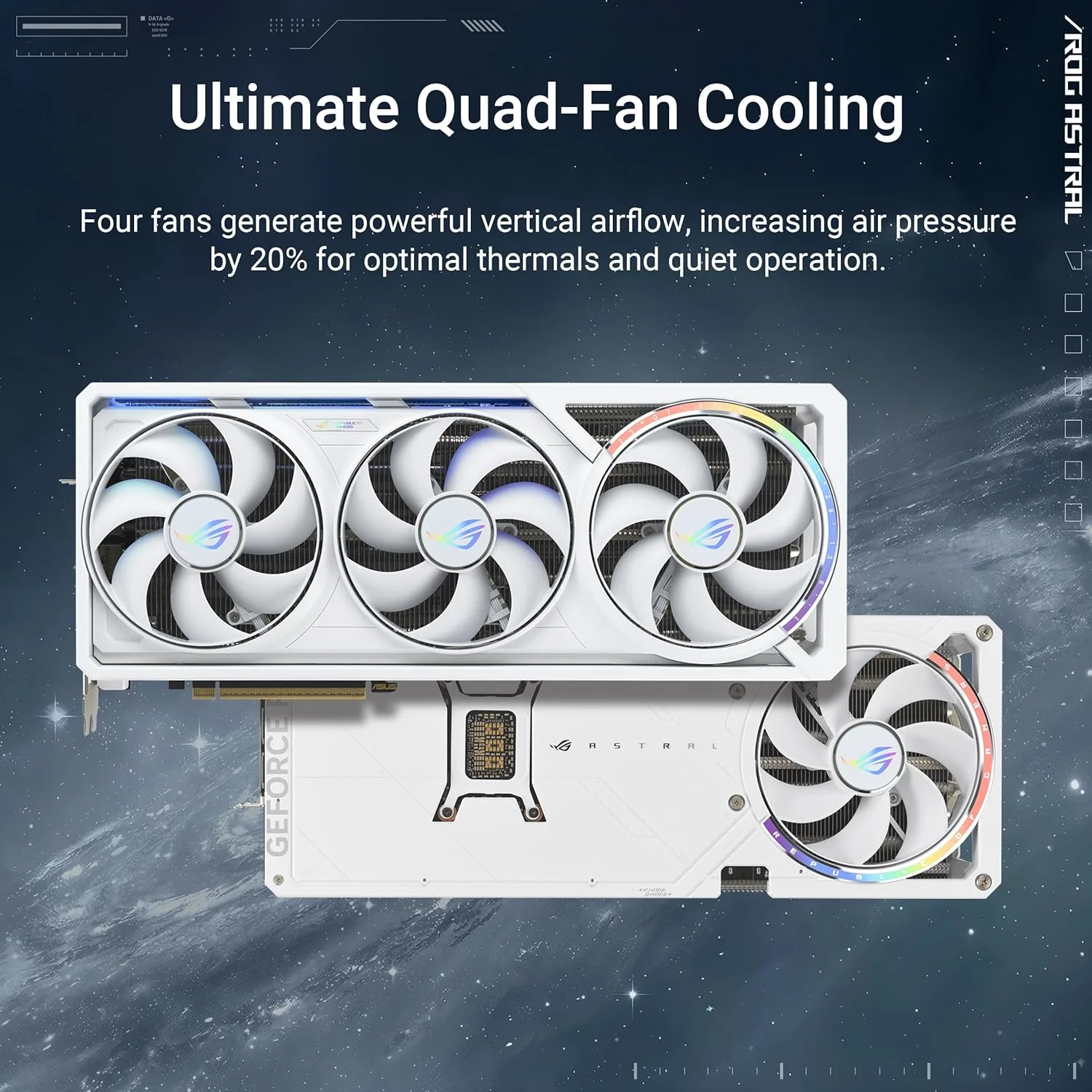 کارت گرافیک ایسوس ROG Astral GeForce RTX™ 5080 16GB GDDR7 White OC Edition - کارت گرافیک چهار فن با ارائه جریان هوا و فشار هوای بیسابقه برای عملکرد بهینه کارت گرافیک ایسوس ROG Astral GeForce RTX™ 5080 16GB GDDR7 White OC Edition - کارت گرافیک چهار فن با ارائه جریان هوا و فشار هوای بیسابقه برای عملکرد بهینه
