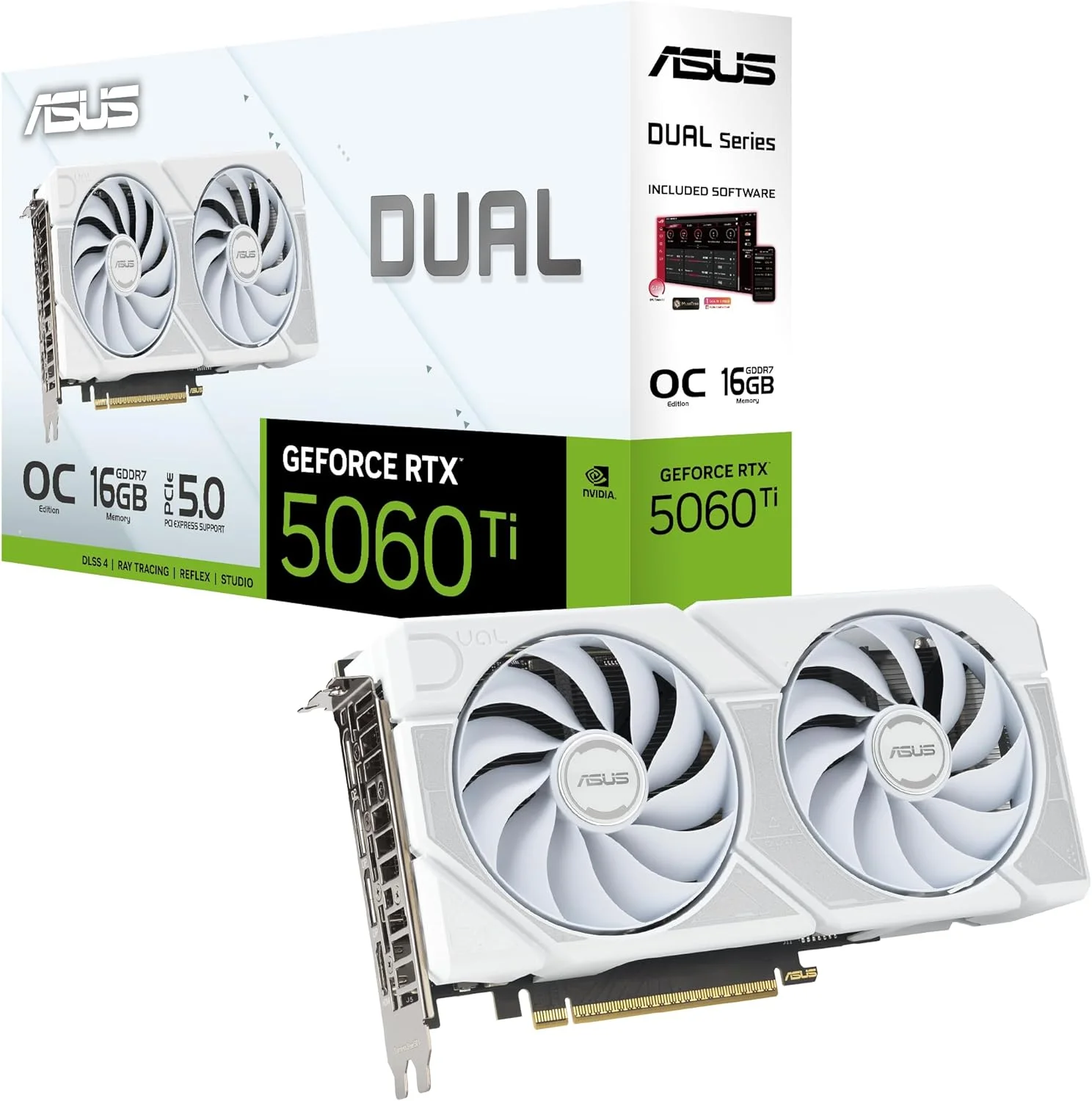 کارت گرافیک گیمینگ ASUS DUAL 5060TI OC EDITION 16GB GDDR7 WHITE PCIE5.0 با 2 فن، DUAL-RTX5060TI-O16G-WHITE، 90YV0MH6-M0NA00، 199291179974، 4711636179973