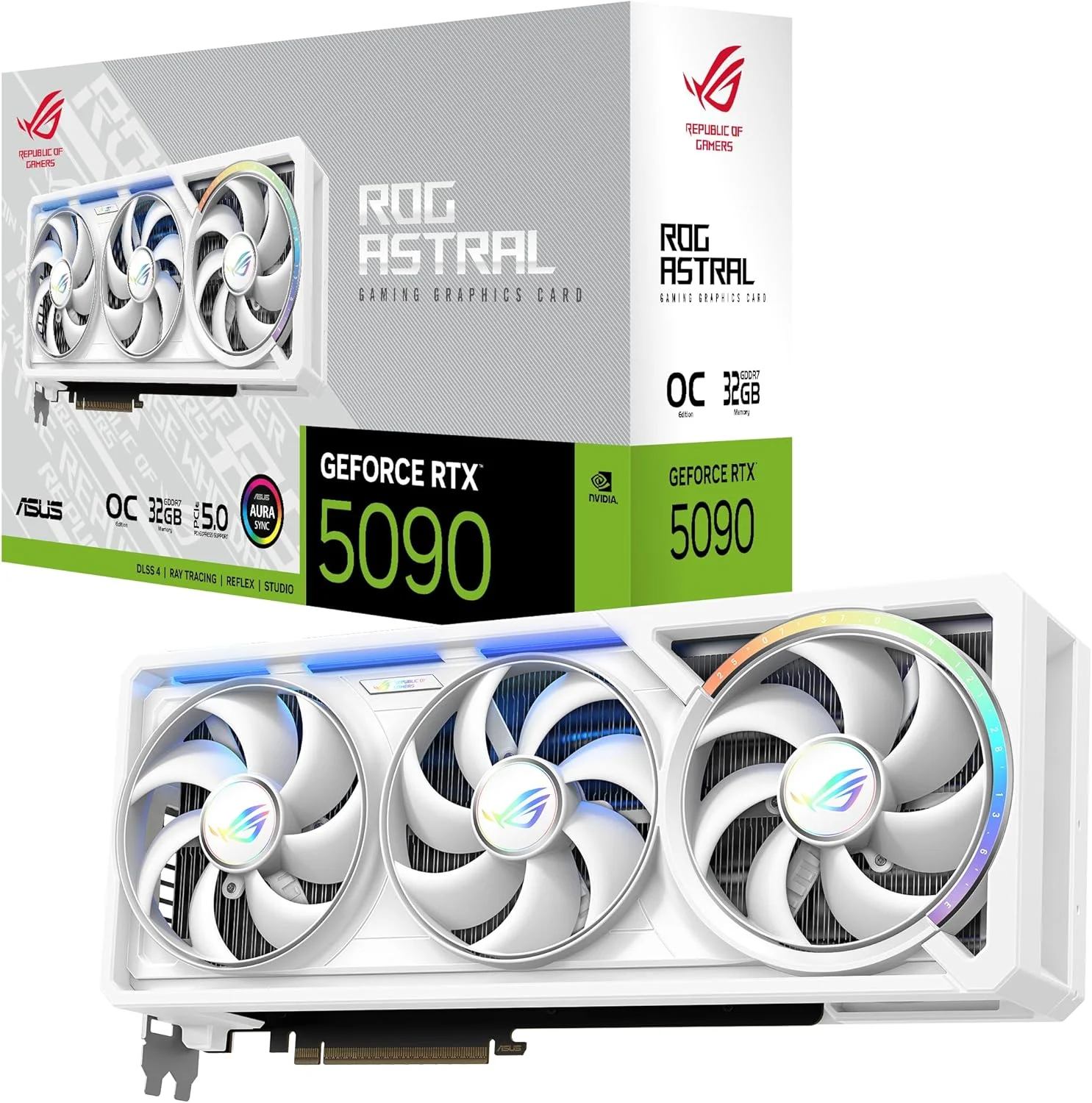 کارت گرافیک گیمینگ ایسوس ROG Astral GeForce RTX 5090 32GB GDDR7 White OC Edition با چهار فن (NVIDIA DLSS 4، طراحی 3.8 اسلات، PCIe 5.0، 3x DP 2.1b، 2x HDMI 2.1b، سفید، ROG-ASTRAL-RTX5090-O32G-WHITE)