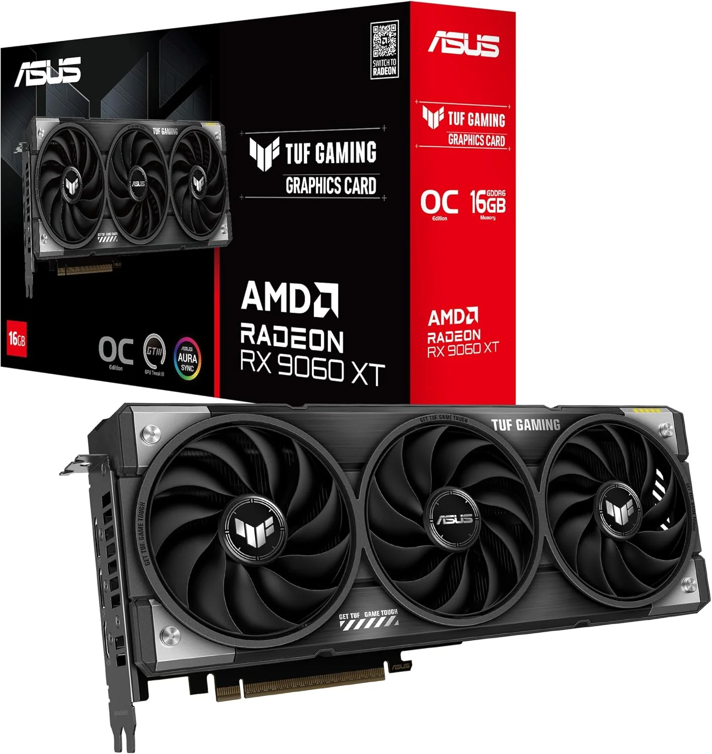 کارت گرافیک ایسوس TUF Gaming Radeon RX 9060 XT 16GB GDDR6 OC Edition، کارت گرافیک گیمینگ، PCIe 5.0، HDMI/DP 2.1، 2.5 اسلات، درجه نظامی، PCB پوشش داده شده، بایوس دوگانه، فن های Axial-Tech