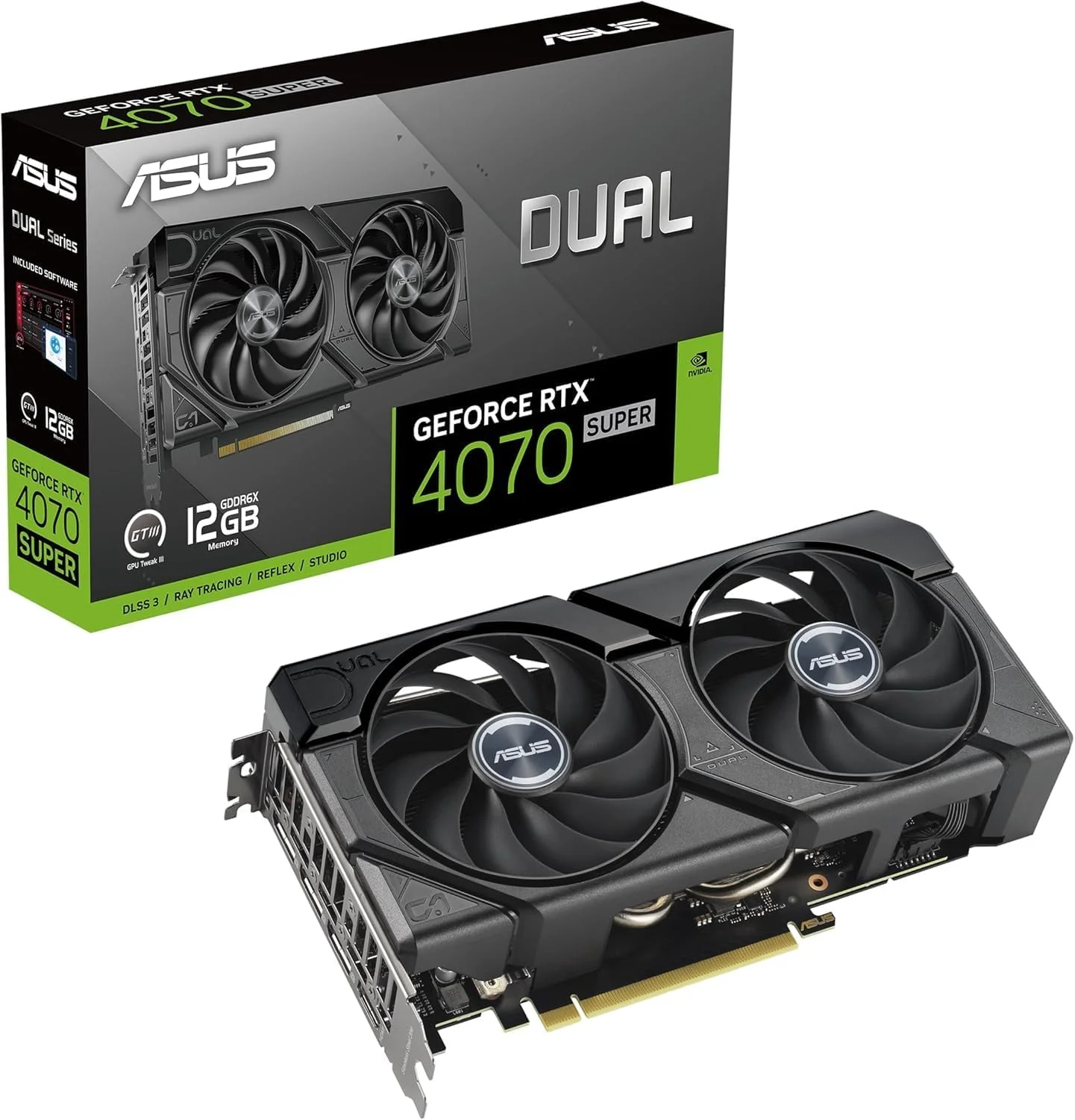 کارت گرافیک گیمینگ ایسوس Dual GeForce RTX 4070 SUPER EVO با 12 گیگابایت حافظه GDDR6X (Nvidia RTX4070 SUPER DLSS 3, PCIe 4.0, 1x HDMI 2.1a, 3X DisplayPort 1.4a, DUAL-RTX4070S-12G-EVO)