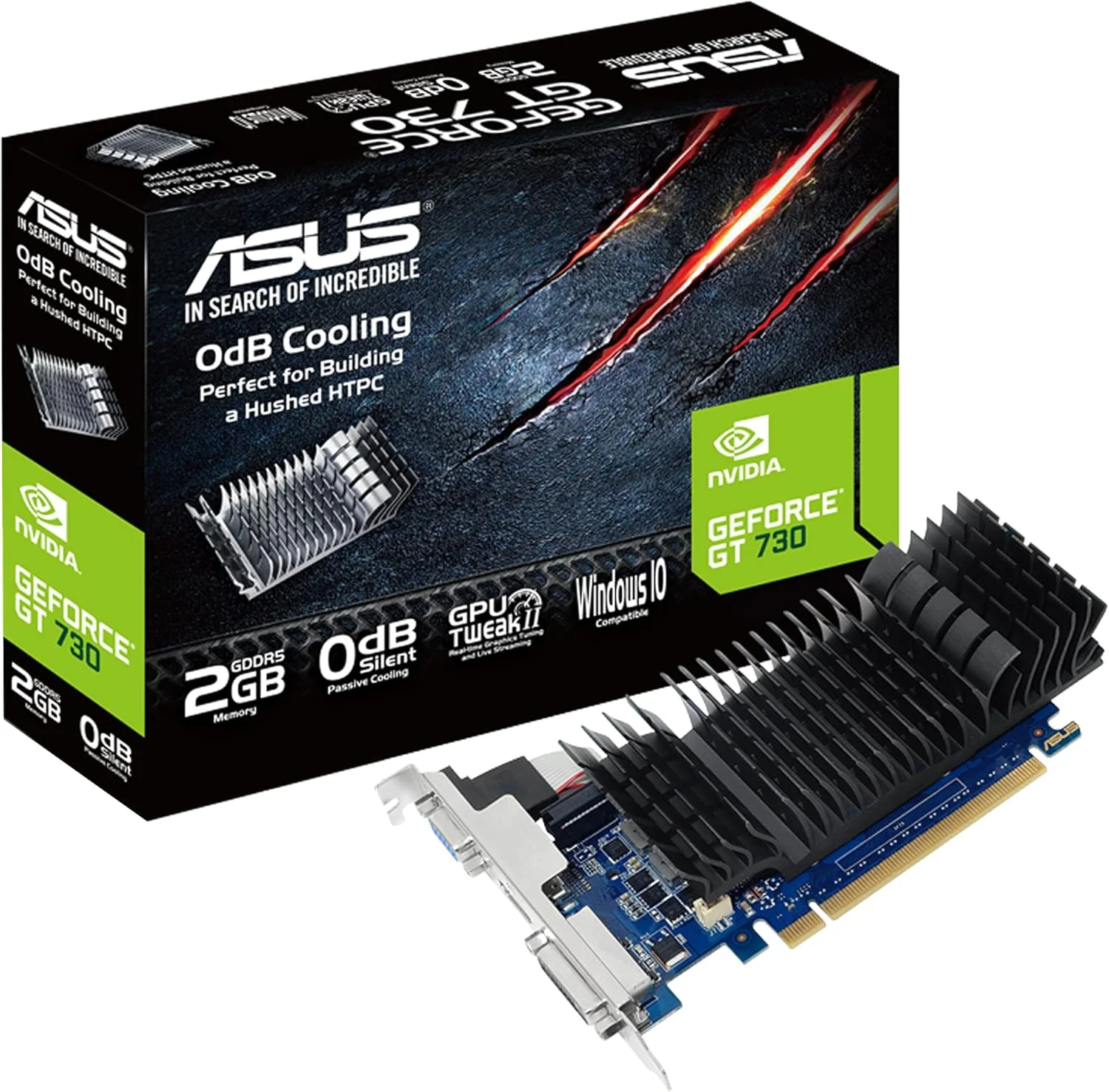 کارت گرافیک ایسوس GeForce GT 730 2GB GDDR5 با پروفایل پایین برای سیستم های HTPC بی صدا (همراه با براکت های پورت ورودی/خروجی)