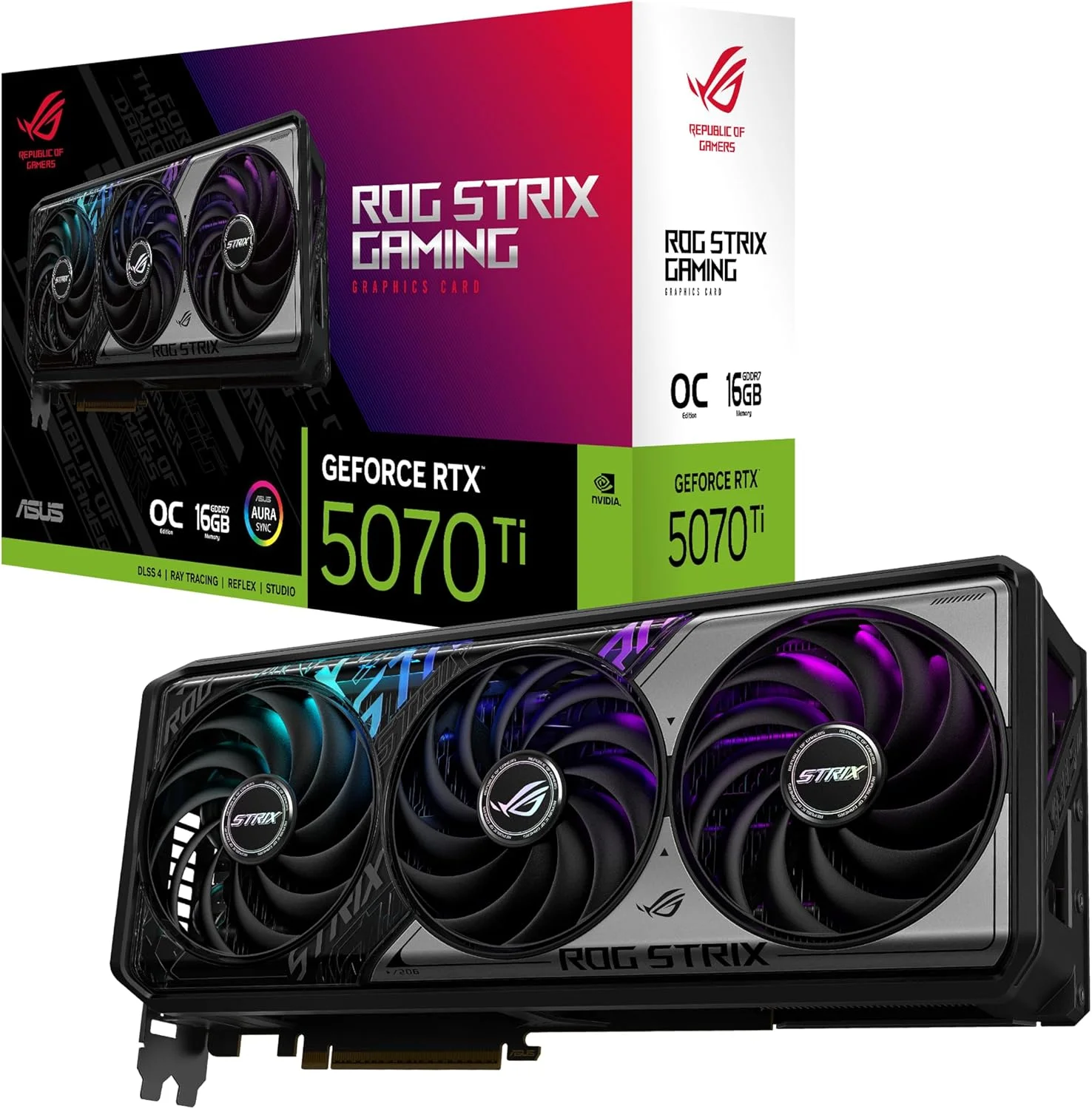 کارت گرافیک ایسوس ROG Strix GeForce RTX 5070 Ti OC Edition با 16 گیگابایت حافظه GDDR7 (PCIe 5.0, HDMI/DP 2.1, 3.2-اسلات, فن های Axial-tech, طراحی MaxContact با محفظه بخار, پد حرارتی تغییر فاز GPU, Aura Sync)