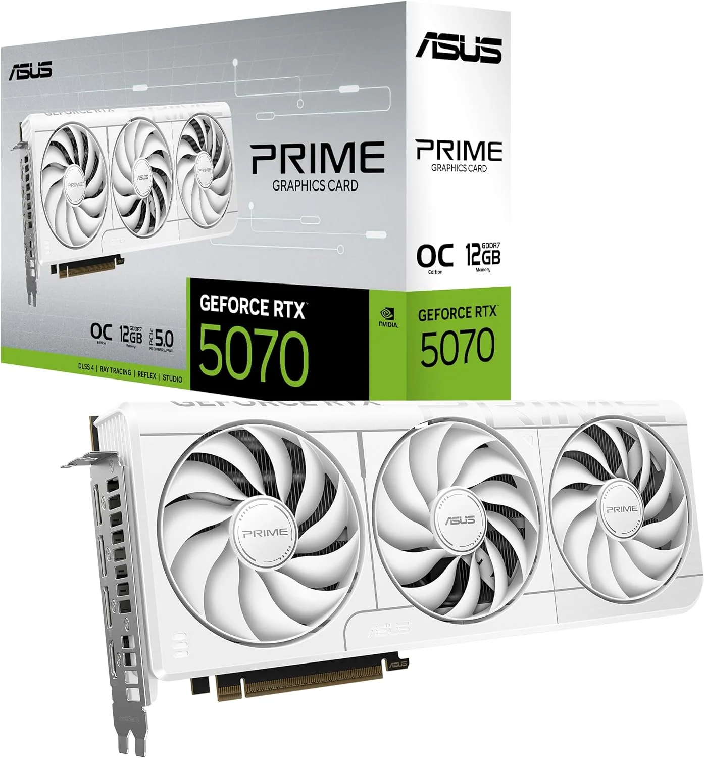 کارت گرافیک ایسوس Prime GeForce RTX™ 5070 12GB GDDR7 White OC Edition (PCIe® 5.0, 12GB GDDR7, HDMI®/DP 2.1, 2.5-اسلات، فن های Axial-tech، بایوس دوگانه) مناسب SFF