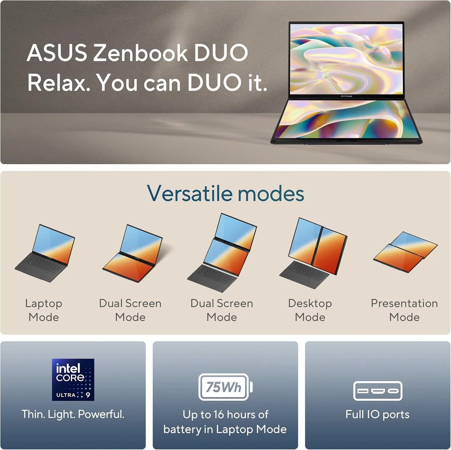 لپ تاپ ASUS Zenbook DUO، دارای دو نمایشگر لمسی 14 اینچی OLED 3K 120 هرتز، Evo، پردازنده Intel Core Ultra 9 285H، گرافیک Intel Arc، رم 32 گیگابایتی، SSD 1 ترابایتی، ویندوز 11، UX8406CA-PS99T لپ تاپ ASUS Zenbook DUO، دارای دو نمایشگر لمسی 14 اینچی OLED 3K 120 هرتز، Evo، پردازنده Intel Core Ultra 9 285H، گرافیک Intel Arc، رم 32 گیگابایتی، SSD 1 ترابایتی، ویندوز 11، UX8406CA-PS99T