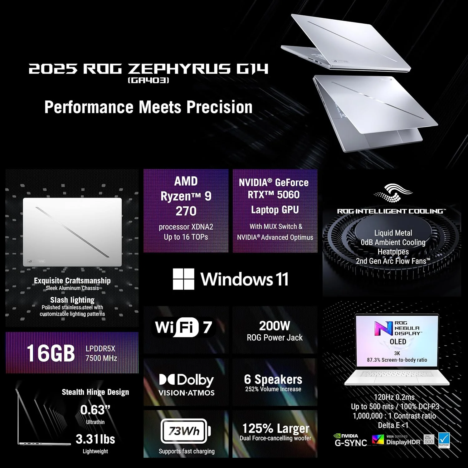 لپ تاپ ایسوس ROG Zephyrus G14 با صفحه نمایش 14 اینچی 3K OLED / پردازنده Ryzen 9 270 / رم 16 گیگابایتی / SSD 1 ترابایتی / گرافیک 8 گیگابایتی GeForce RTX 5060 / ویندوز 11 هوم / صفحه کلید انگلیسی / سفید پلاتینیوم