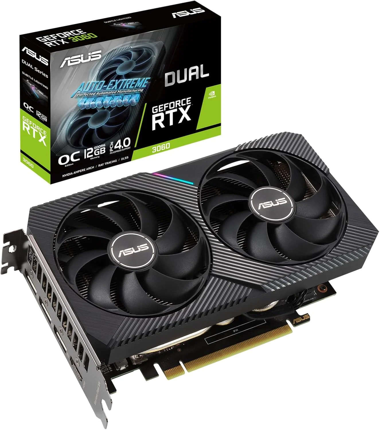 کارت گرافیک گیمینگ ایسوس Dual NVIDIA GeForce RTX 3060 V2 OC Edition، PCIe 4.0، حافظه 12 گیگابایت GDDR6، HDMI 2.1، DisplayPort 1.4a، طراحی 2 اسلات، 15 گیگابیت بر ثانیه، 192 بیتی - مشکی