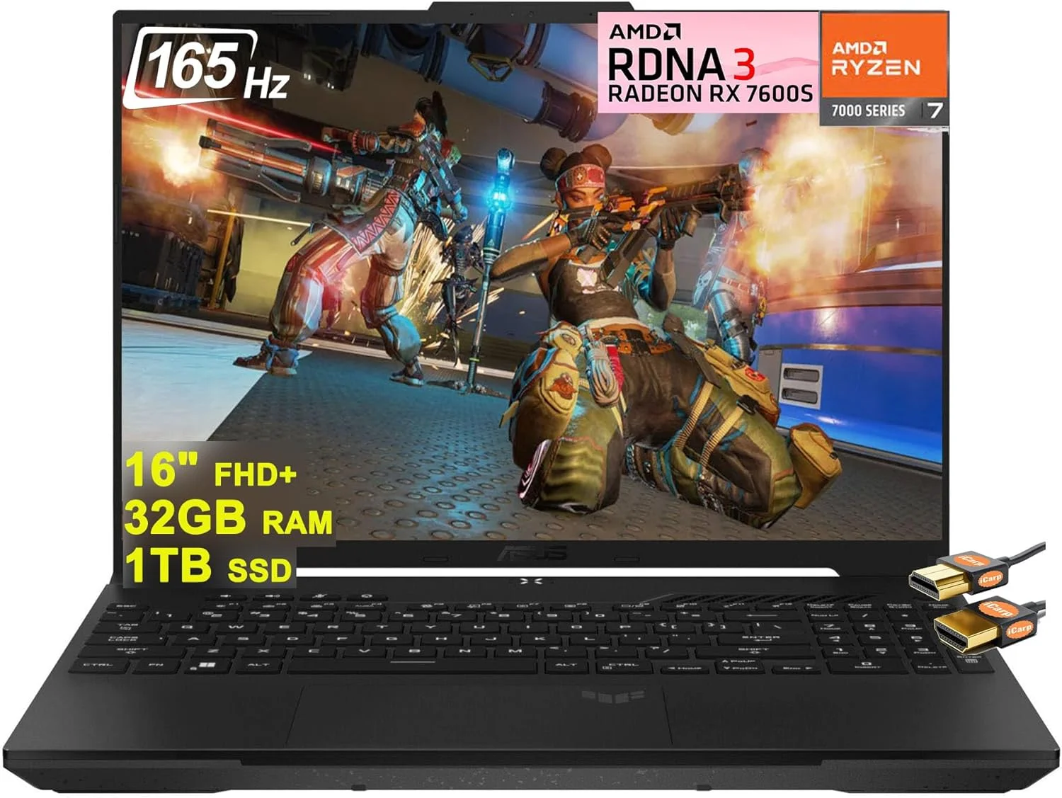 لپ تاپ گیمینگ ایسوس TUF A16، صفحه نمایش 16 اینچ FHD+ 165 هرتز 7ms 100% sRGB، پردازنده AMD هشت هسته ای Ryzen 7 7735HS، رم 32 گیگابایت، حافظه SSD 1 ترابایت، کارت گرافیک Radeon RX 7600S 8GB (>RTX 4060)، نور پس زمینه، USB-C USB4، شارژ سریع، ویندوز 11 + کابل HDMI
