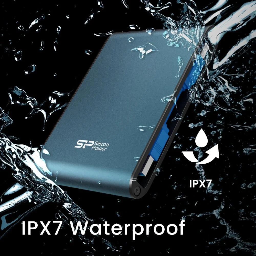 هارد اکسترنال سیلیکون پاور مدل SP010TBPHDA80S3K با ظرفیت 1 ترابایت، مقاوم در برابر ضربه و ضد آب IPX7، رنگ مشکی