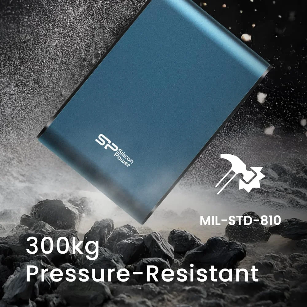 هارد اکسترنال سیلیکون پاور مدل SP010TBPHDA80S3K با ظرفیت 1 ترابایت، مقاوم در برابر ضربه و ضد آب IPX7، رنگ مشکی