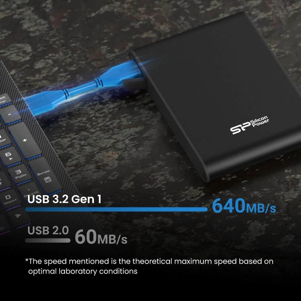 هارد اکسترنال سیلیکون پاور مدل SP010TBPHDA80S3K با ظرفیت 1 ترابایت، مقاوم در برابر ضربه و ضد آب IPX7، رنگ مشکی