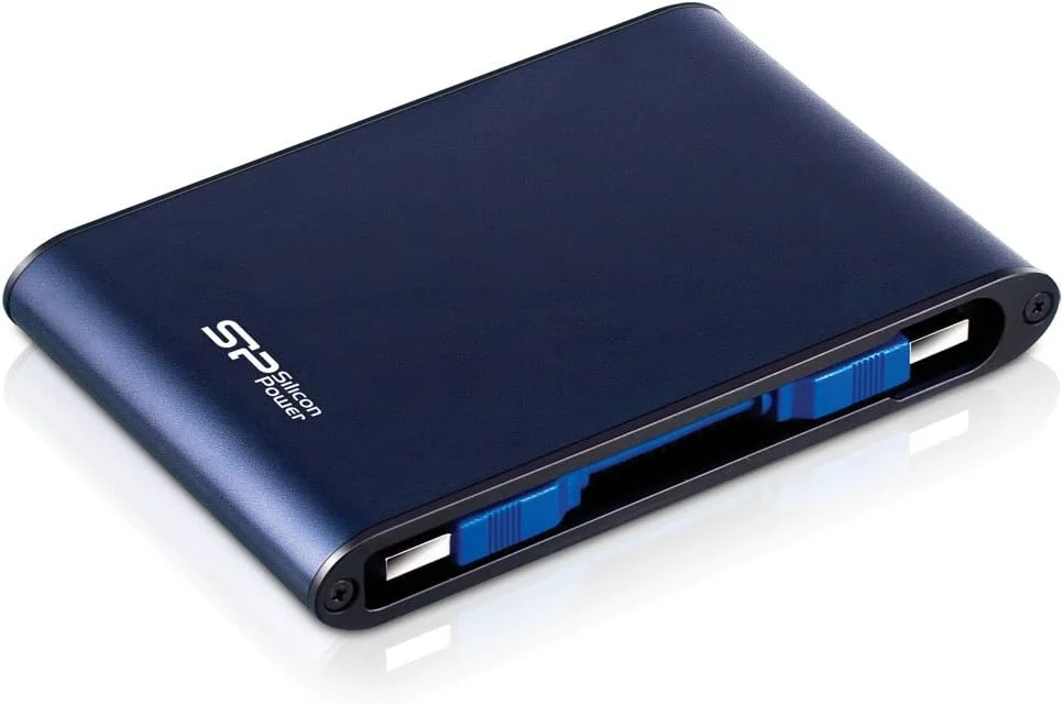 هارد اکسترنال قابل حمل سیلیکون پاور Armor A80 با ظرفیت 500 گیگابایت، سایز 2.5 اینچ، USB 3.0/2.0، مقاوم در برابر ضربه و استاندارد نظامی - آبی