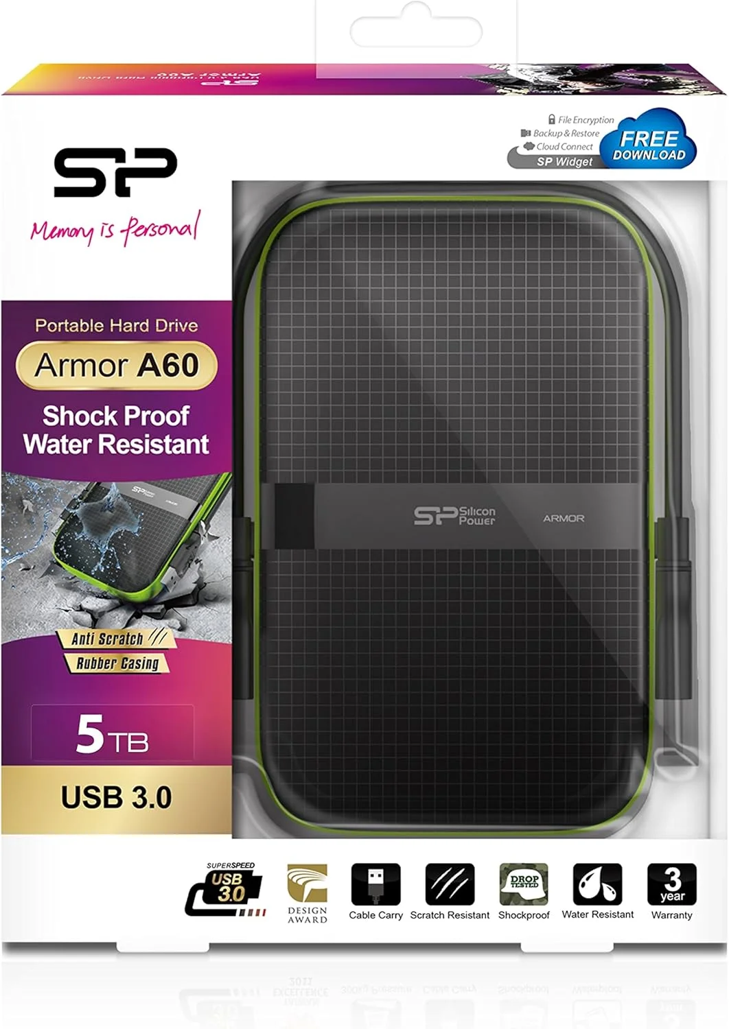 هارد اکسترنال ضد ضربه سیلیکون پاور Armor A60 با ظرفیت 5 ترابایت - USB3.0 - نسخه مشکی/سبز