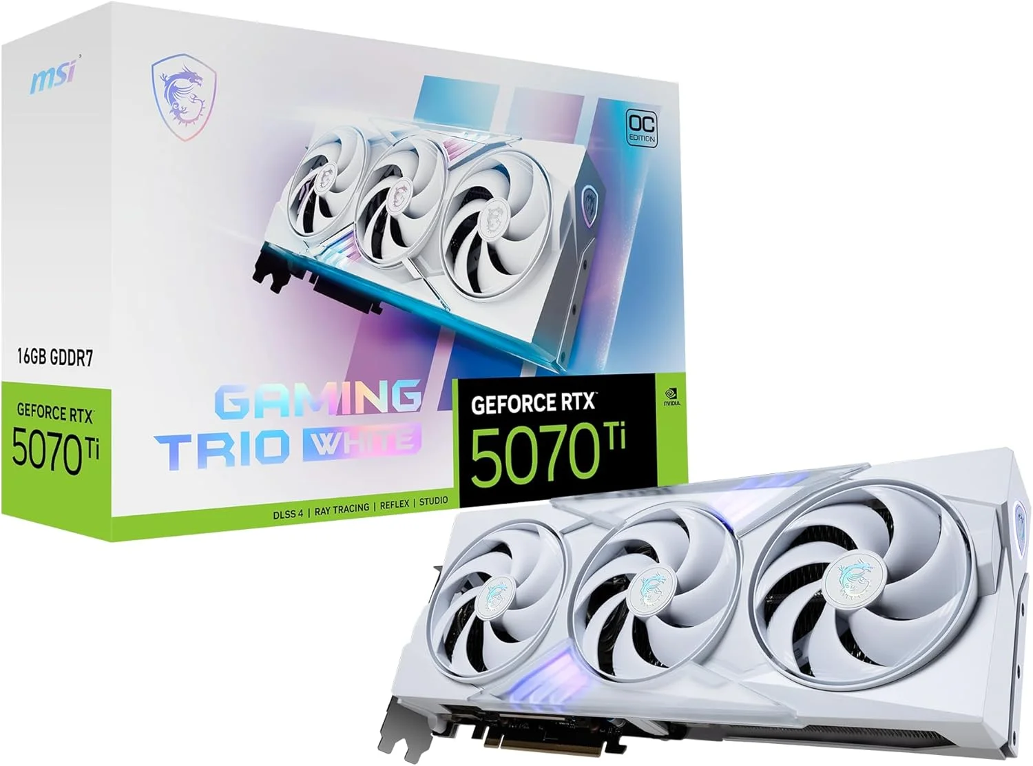 کارت گرافیک MSI GamingRTX 5070 TI 16G Gaming Trio OC White (16 گیگابایت GDDR7، 256 بیتی، عملکرد فوق العاده: 2580 مگاهرتز، DisplayPort x 3 2.1a، HDMI 2.1b، معماری NVIDIA Blackwell)