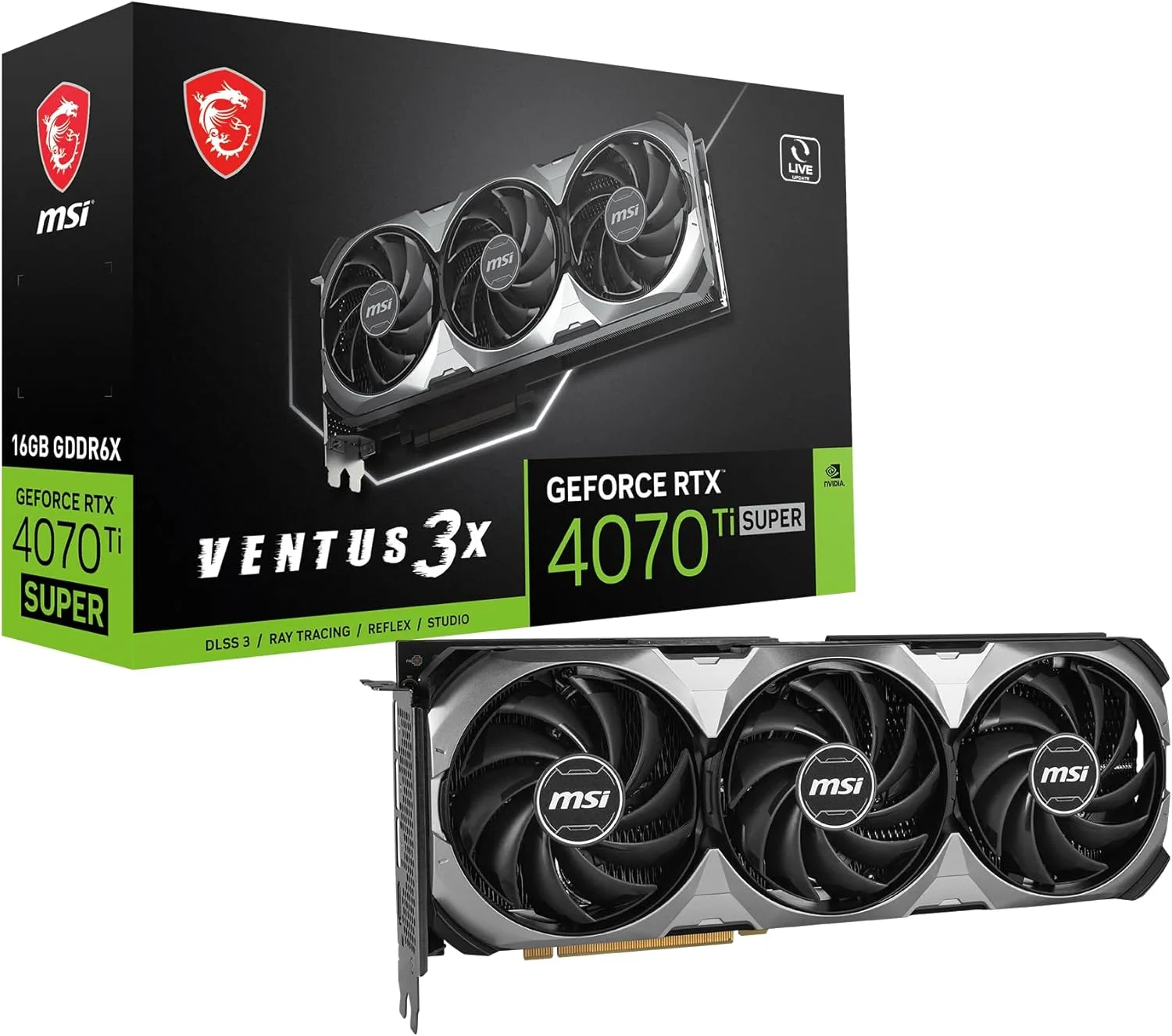 کارت گرافیک MSI Gaming RTX 4070 TI Super 16G Ventus 3X (NVIDIA RTX 4070 Ti Super، 256 بیتی، کلاک تقویتی: 2625 مگاهرتز، 16 گیگابایت GDRR6X 21 گیگابیت بر ثانیه، HDMI/DP، معماری Ada Lovelace)